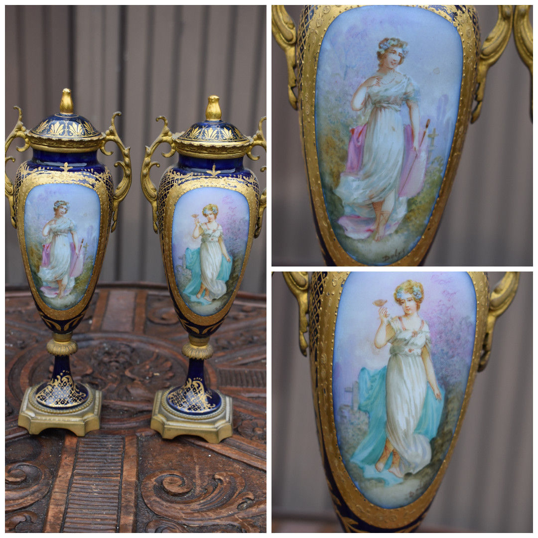 PAIR antique 19thc Sevres porcelain hand paint portrait lady vases marked PAIR antique 19thc Sevres porcelain hand paint portrait lady vases marked