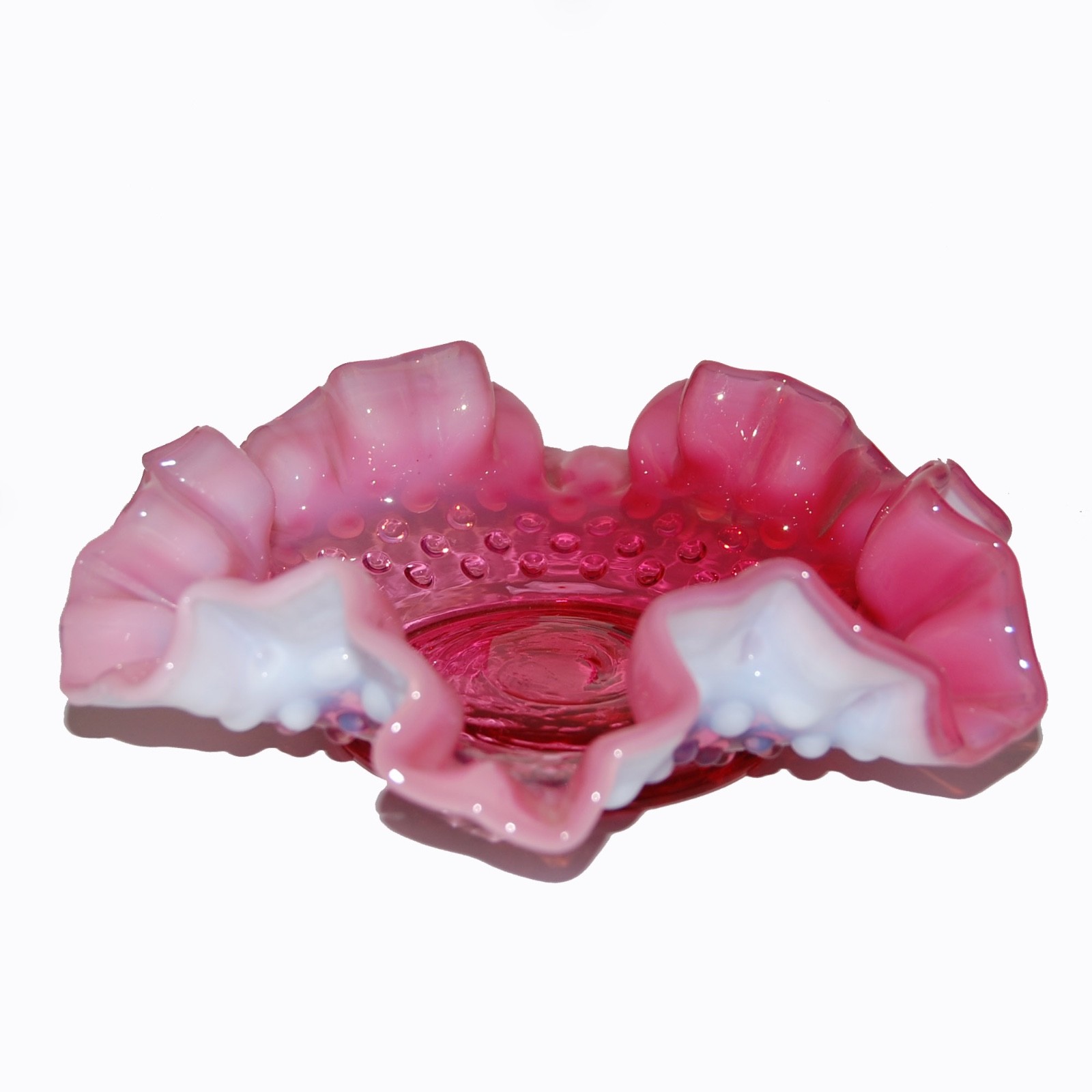 FENTON Art Glass Cranberry Opalescent Ruffled Hobnail 6.5\
