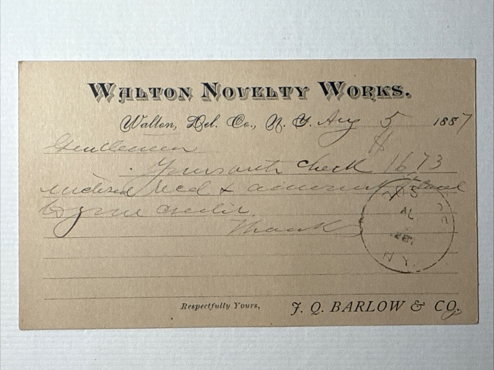 1887 Walton Delaware County NY WALTON NOVELTY WORKS Postcard Vtg J.O. Barlow Co