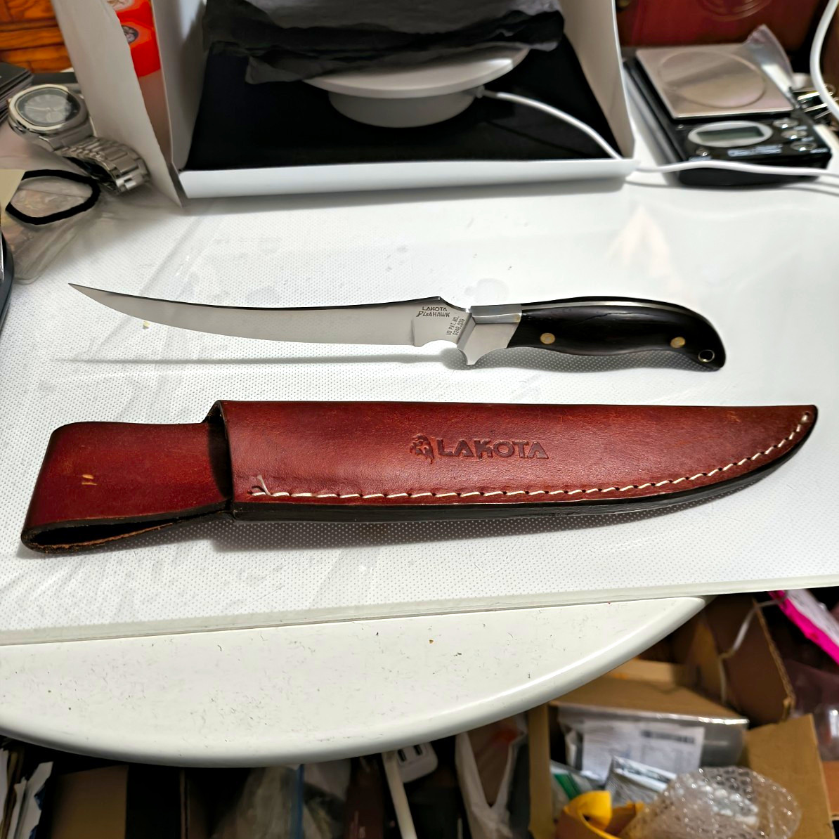 Lakota FishHawk Fixed Blade Fillet Knife, Stainless, Wood Handle, Sheath AUS-8