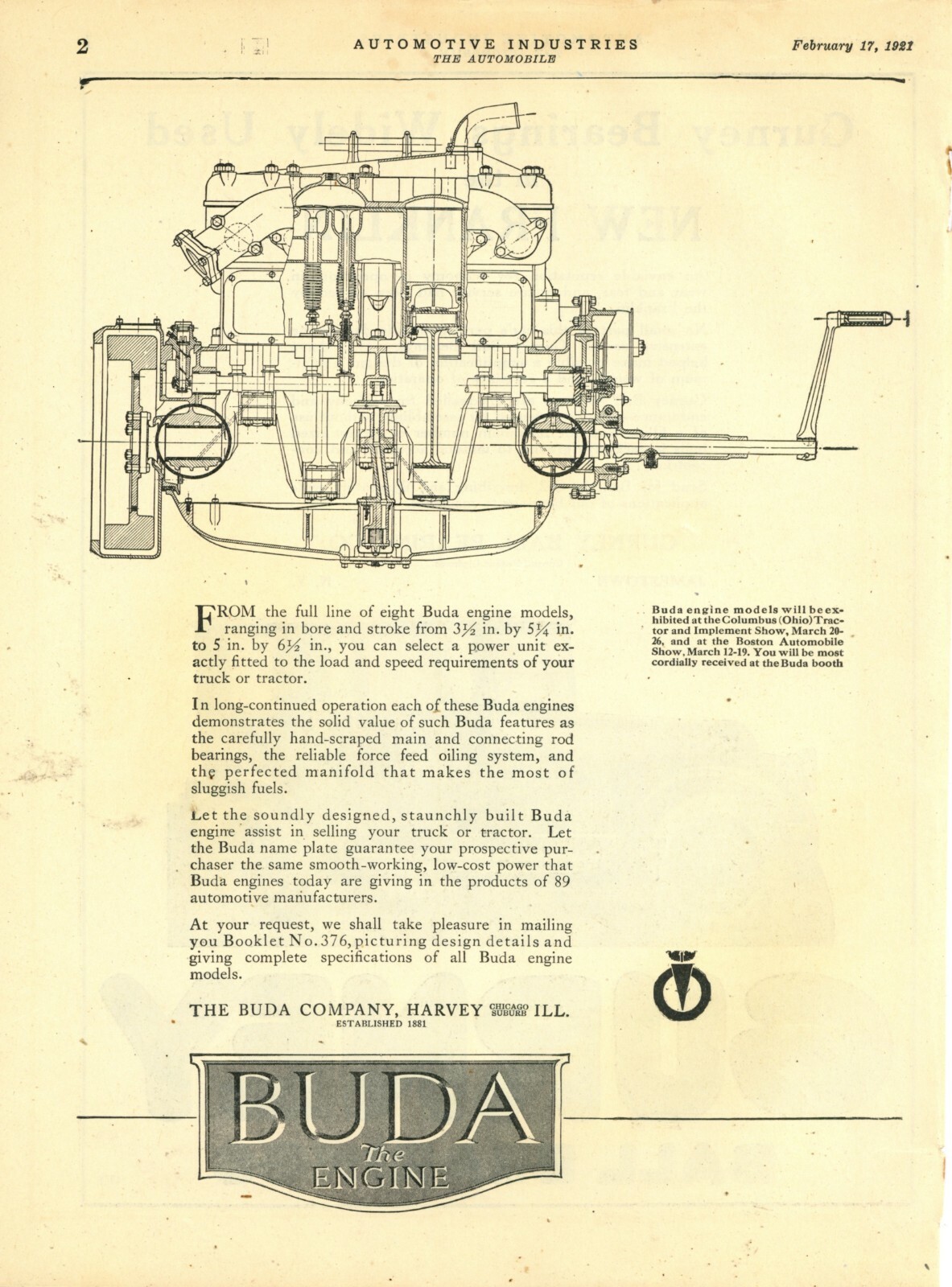 1921 Buda Company Ad: Buda Engines for Columbus & Boston Auto/Tractor Shows 1921 Buda Company Ad: Buda Engines for Columbus & Boston Auto/Tractor Shows