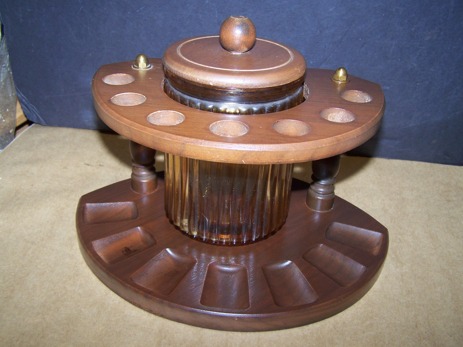 Vintage Dun-Rite 6 Pipe Stand Rack Walnut Glass Tobacco Holder Jar