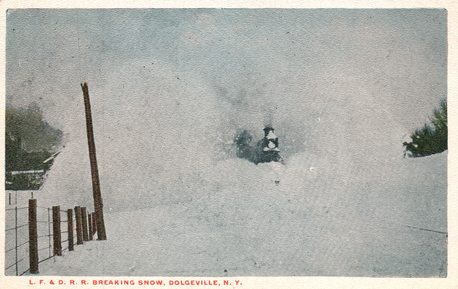 Postcard L.F. & Disaster Risk Reduction Train Breaking Snow Dolgeville NY