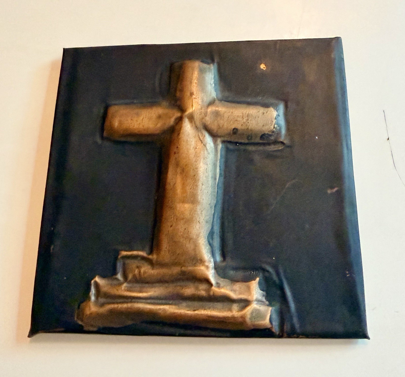 Vintage Hammered Copper Folk Metal Art Cross  Picture Plaque Christianity 3” Sq