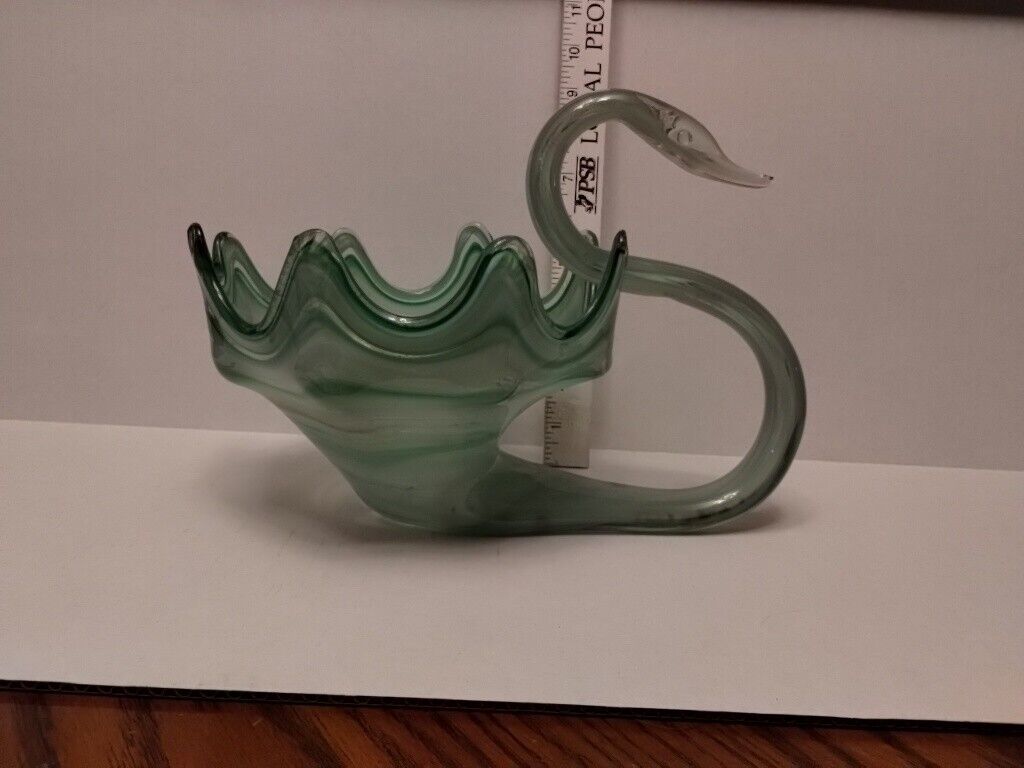 Vintage Hand Blown Murano Glass Swan Light Green And White Swirl Candy Dish...