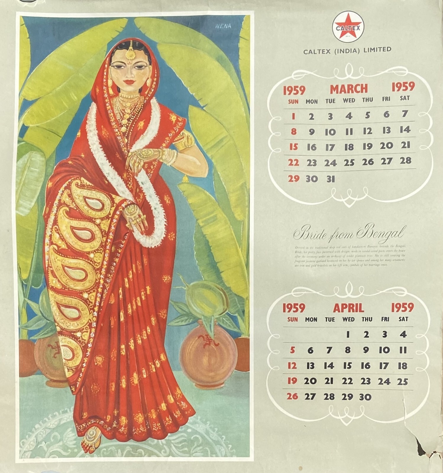 Vintage 1959 CALTEX India Gas Oil Poster Advertising Pretty Bride From Bengal