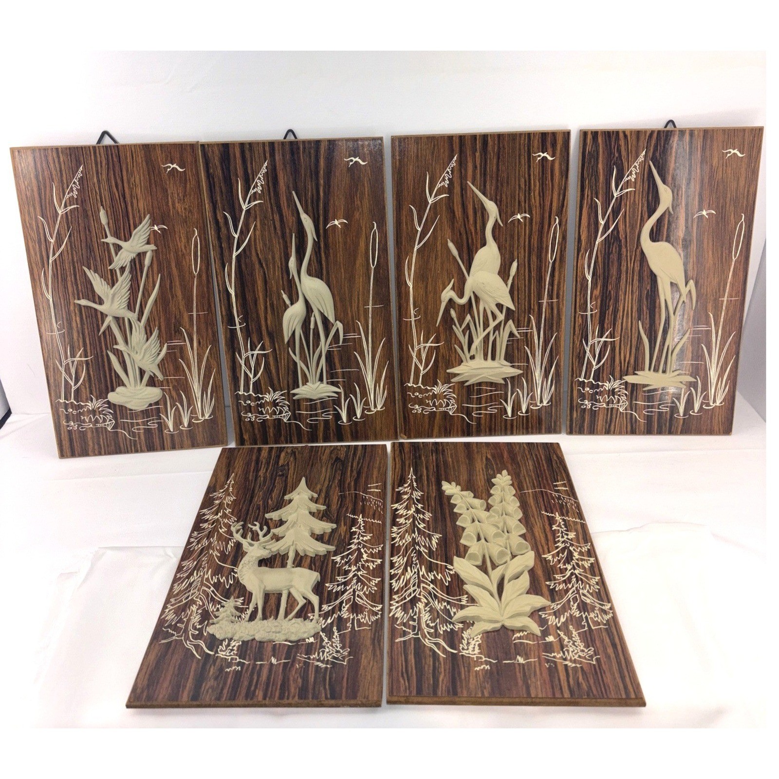 Vintage West Germany Plastic Relief Art Ducks Herons Deer Foxglove Set of 6 MCM
