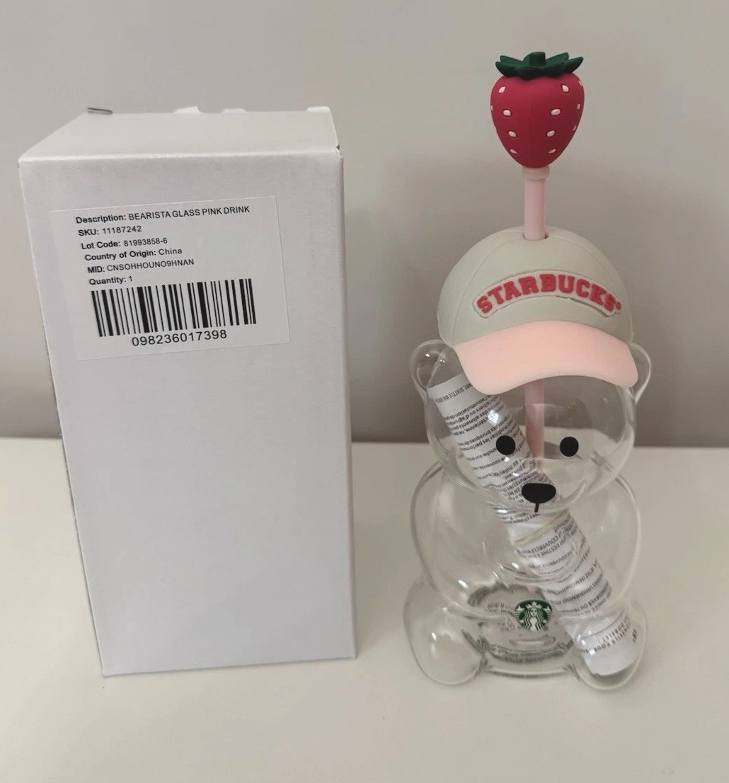 Starbucks Bearista Pink Drink Clear Glass Bear Cup w/ Straw 20 oz/591 mL Starbucks Bearista Pink Drink Clear Glass Bear Cup w/ Straw 20 oz/591 mL