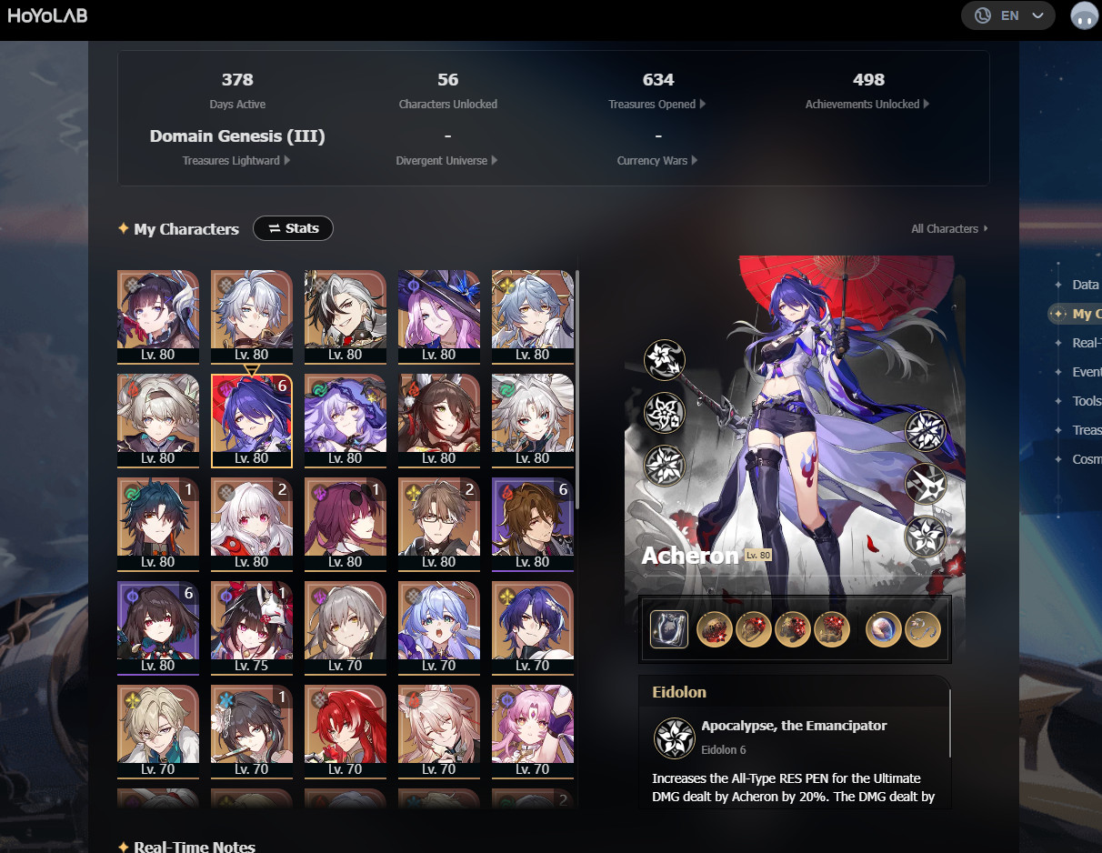 Honkai: Star Rail Account NA SERVER E6 Acheron (DM for sale information)