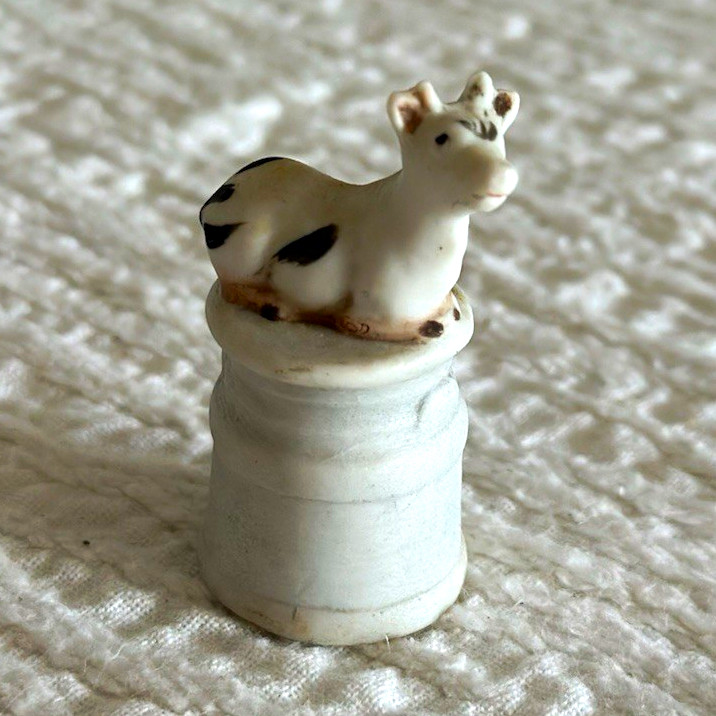 Mini Porcelain Sewing Thimble with Cow Figurine Topper, White W/ Black Spots