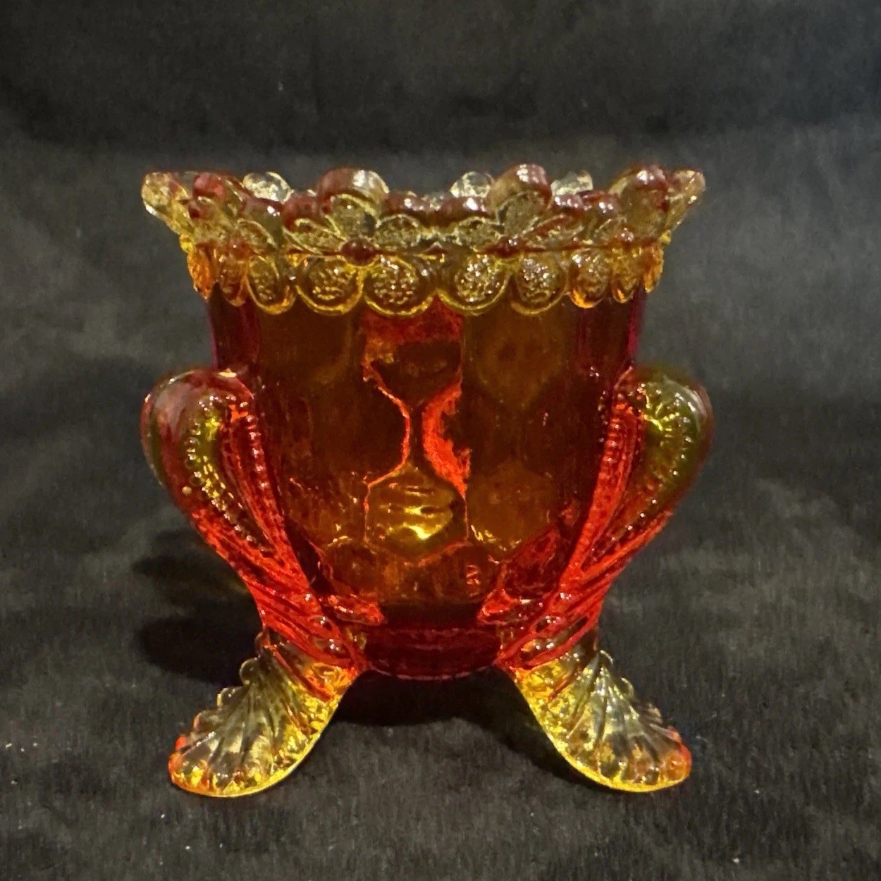 Vtg Degenhart Amberina Glass Footed Toothpick Holder Flower Top Cadmium Glows