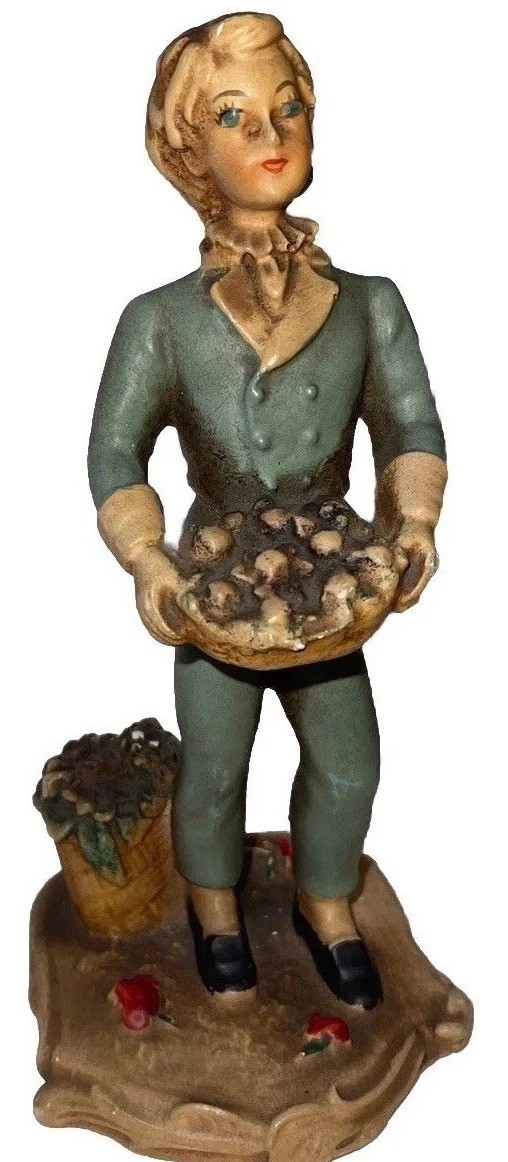 Antique 1940s Figurines New Art Wares Chalkware French Man Holding Basket fun Antique 1940s Figurines New Art Wares Chalkware French Man Holding Basket fun