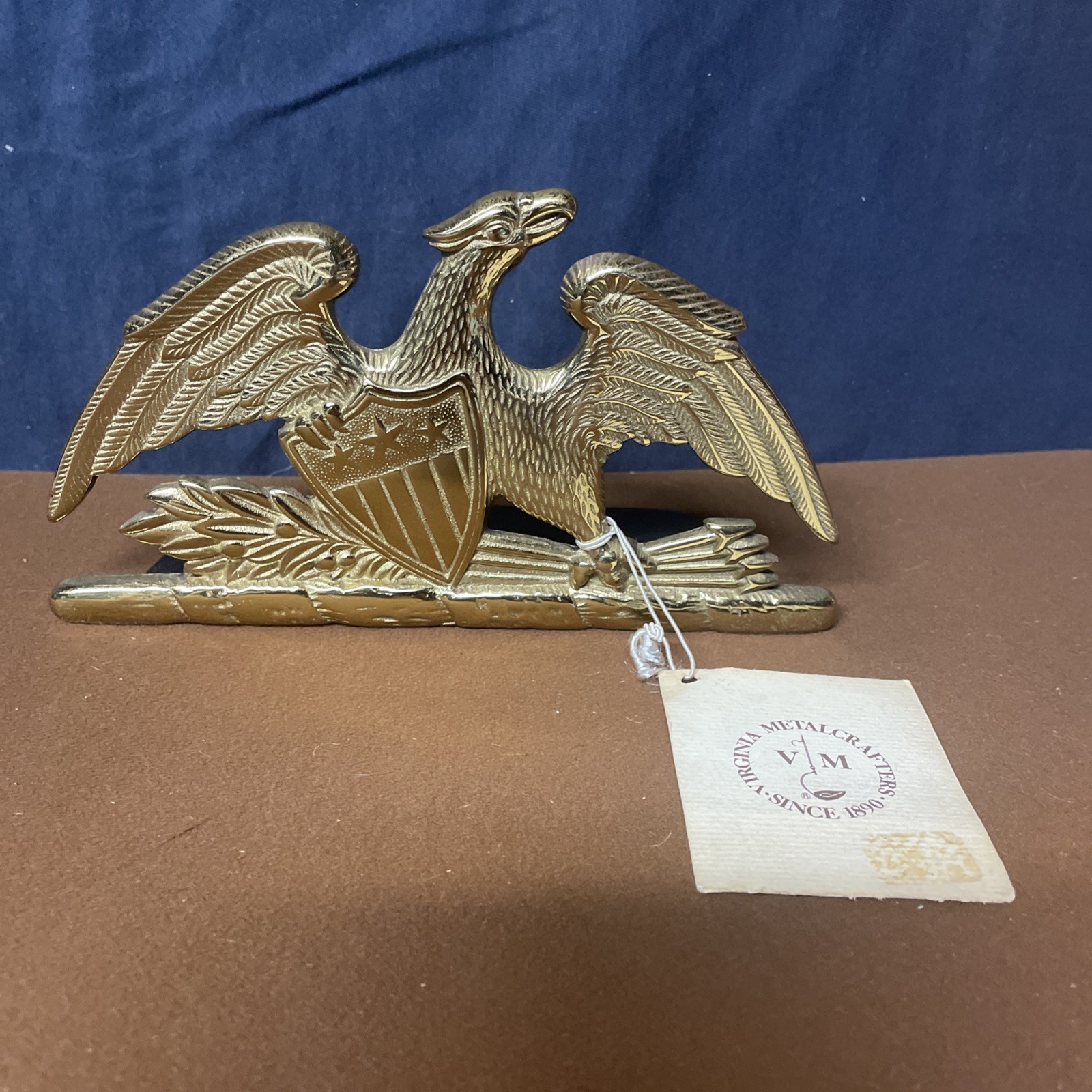 Vtg.1952 Virginia Metal Crafters Brass Spread Eagle Desk Weight Book End TAG REA