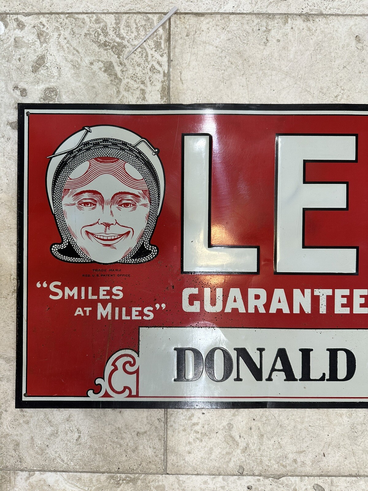 Vintage 1930’s LEE TIRES Painted Tin Sign Original Rare Smiles Puncture Proof Vintage 1930’s LEE TIRES Painted Tin Sign Original Rare Smiles Puncture Proof