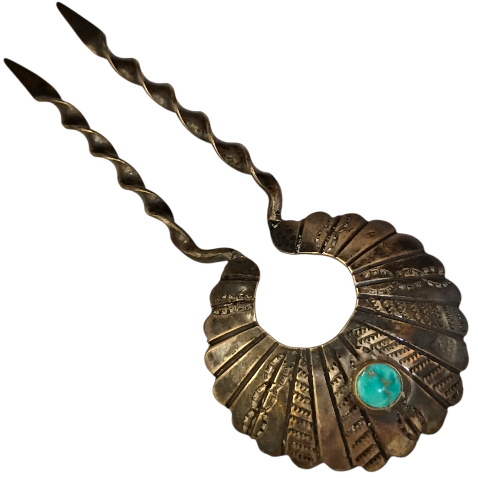 Historic Navajo Stamped Silver Hairpin Royston Turquoise Cabochon, c.1940 Historic Navajo Stamped Silver Hairpin Royston Turquoise Cabochon, c.1940