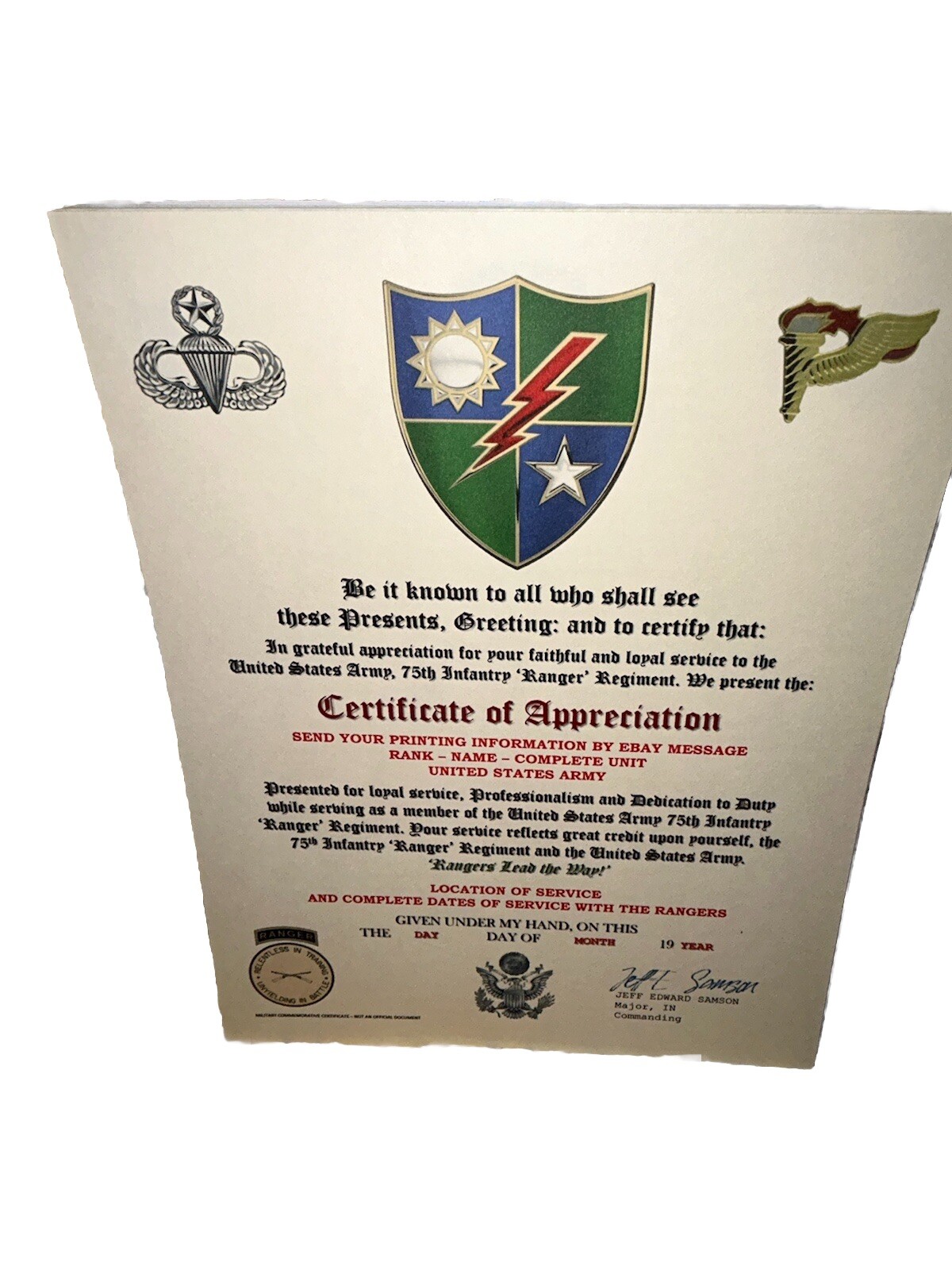 U.S. ARMY 75 RANGERS - 75TH RANGER INFANTRY REGT. / CERTIFICATE OF APPRECIATION