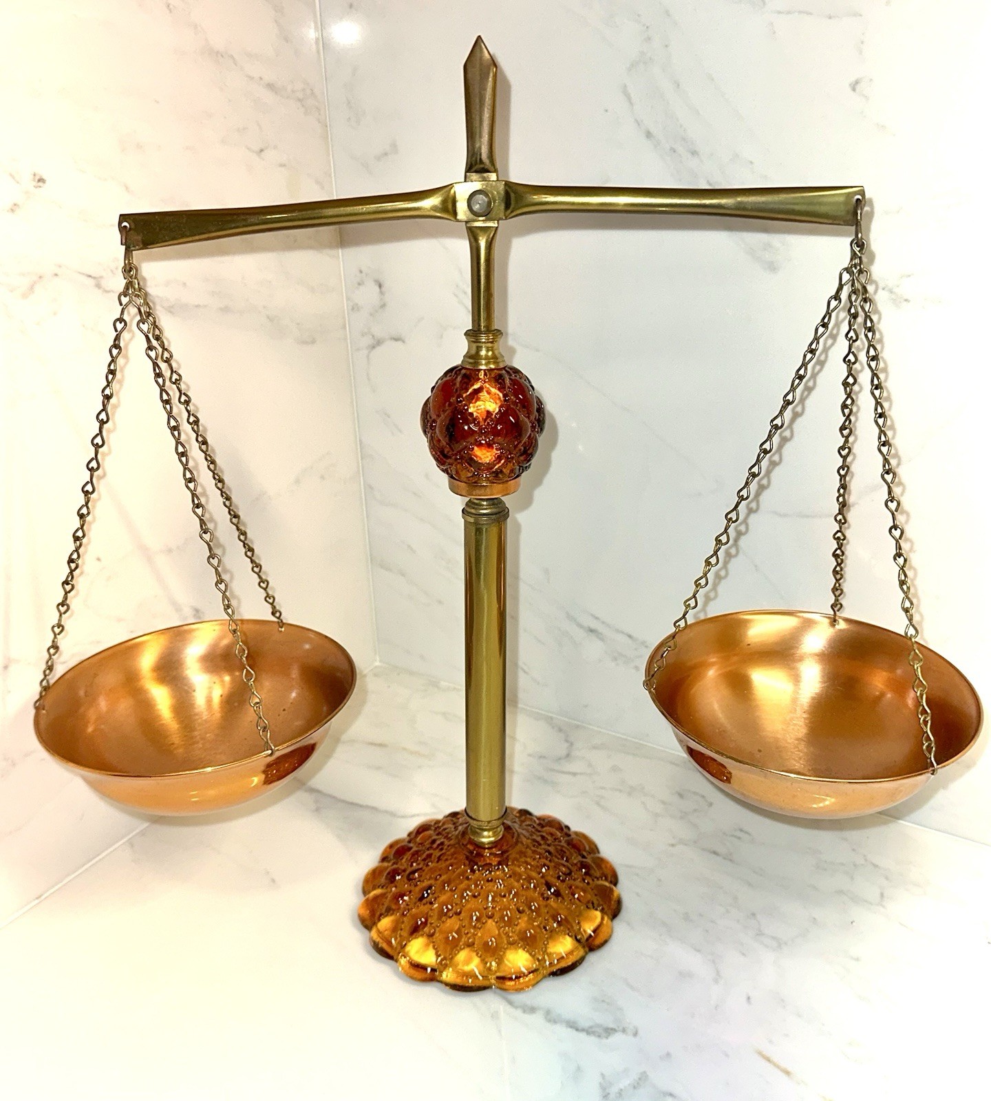 Vintage Princess House Amber Glass Brass And Copper Scales of Justice