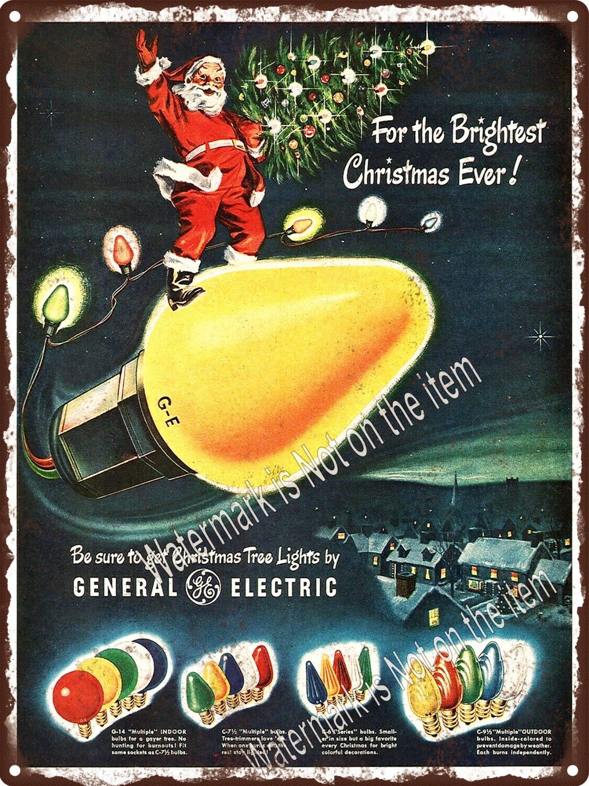 1949 GENERAL ELECTRIC Christmas tree lights Santa on  bulb Metal Sign 9x12
