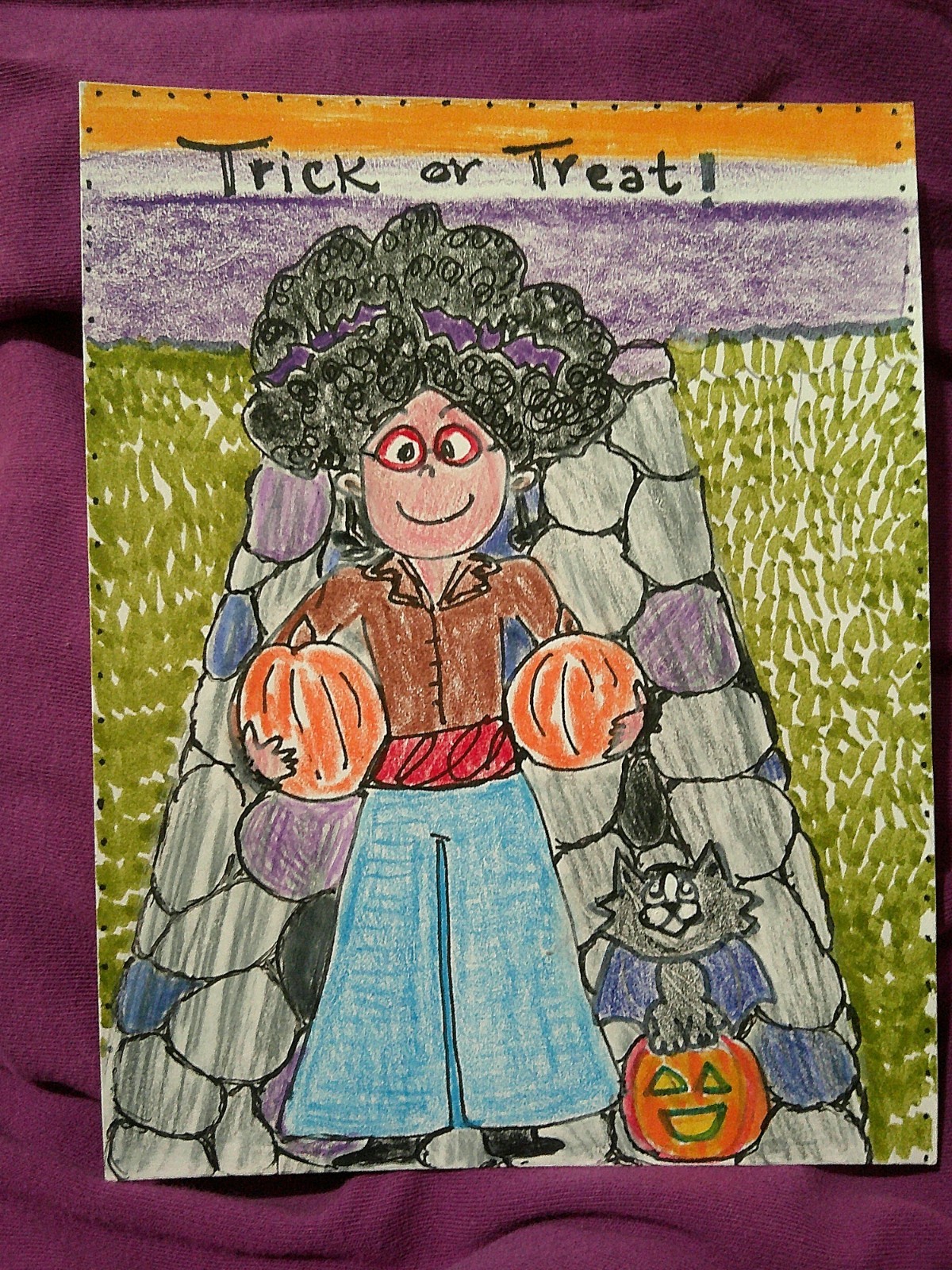 Vintage Style Halloween Greeting Card - Cute Lady w/ Pumpkin & Cat - Handmade
