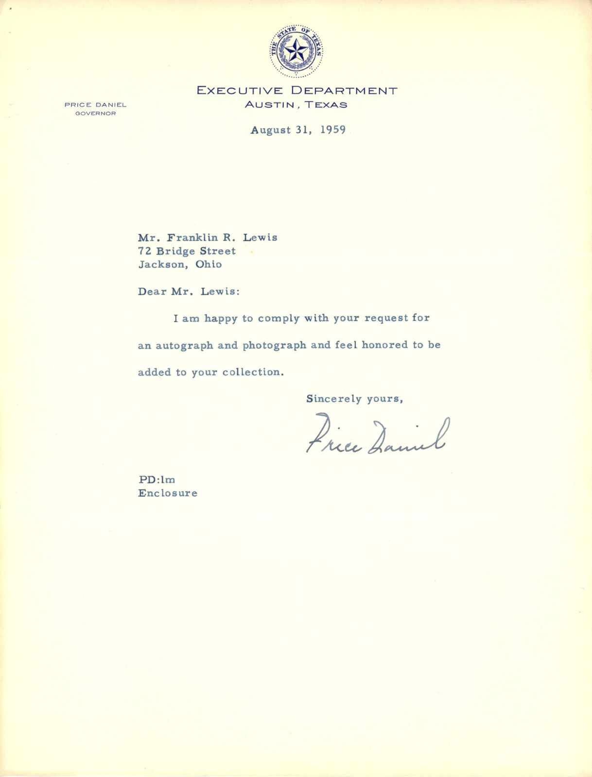Price Daniel Signed Letter, Card, and Photo