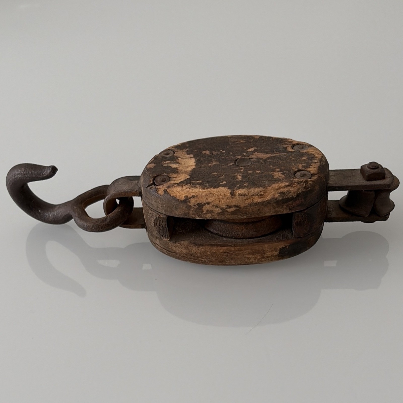 Vintage Nautical Wooden Pulley Block Tackle Sheave with Metal Hook Vintage Nautical Wooden Pulley Block Tackle Sheave with Metal Hook
