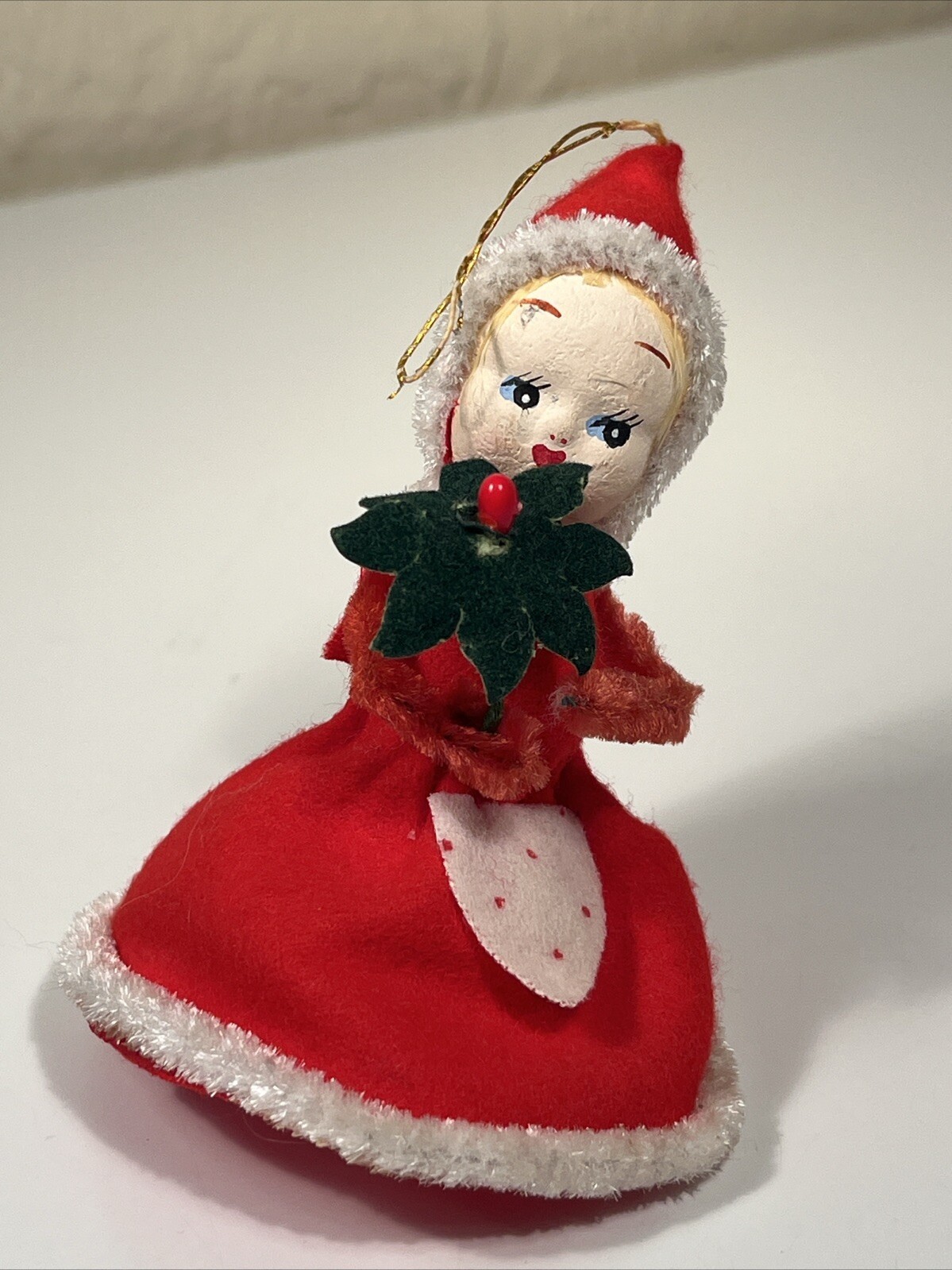 Vintage 1950s 60s Christmas Tree Ornament Girl with Flower Paper Mache Face 3.5