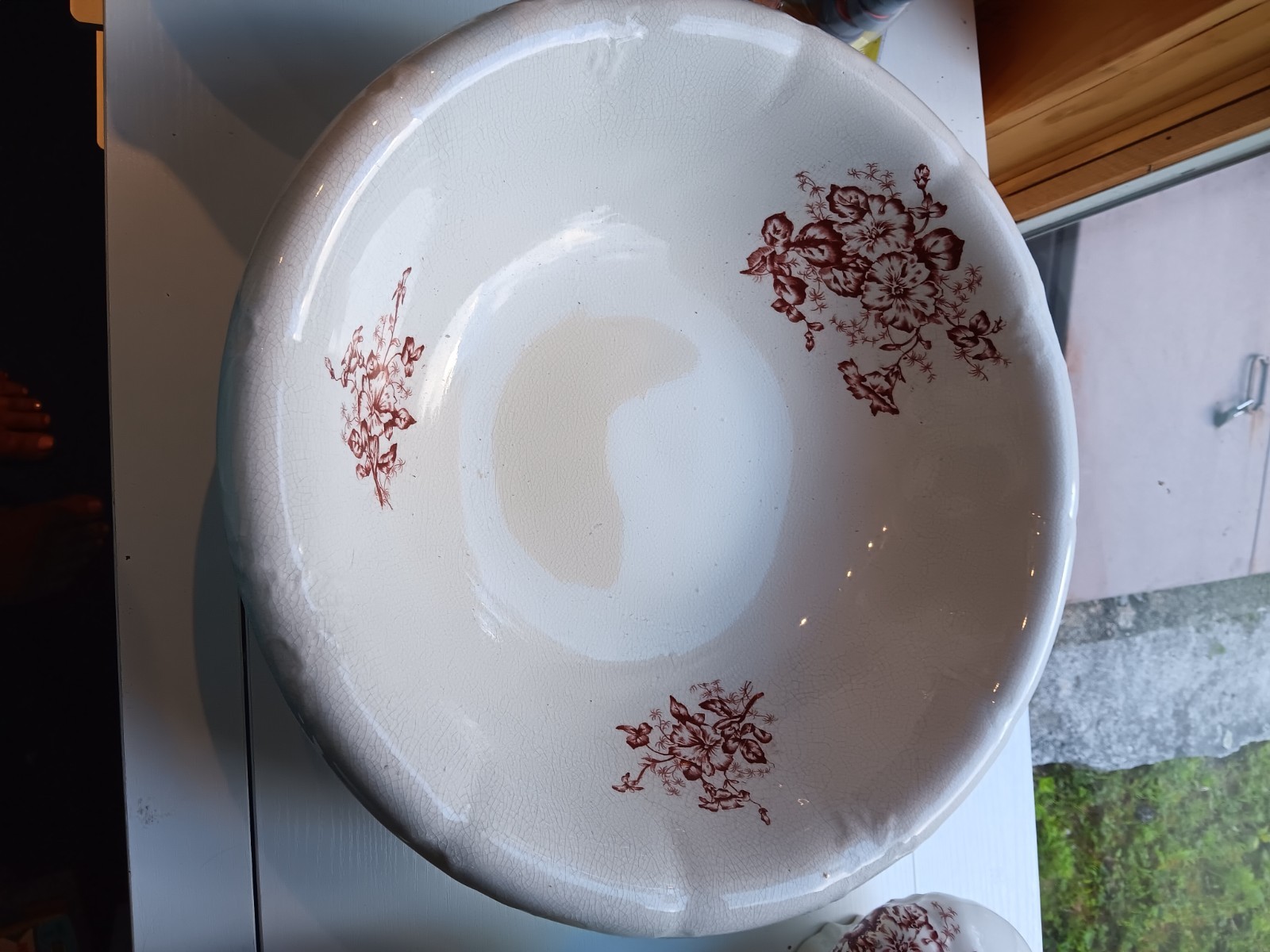 3 pc victorian semiporcelain chamber set. cranberry transferware. 493