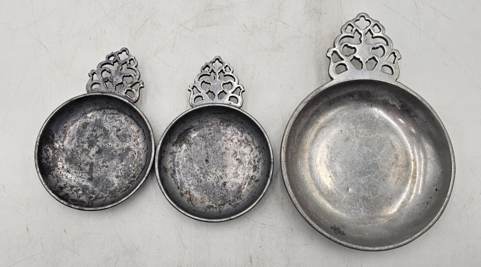 Stede Pewter Set Of 3 Porringer Dishes 4” + 6” w Horse Head Vintage Bowls