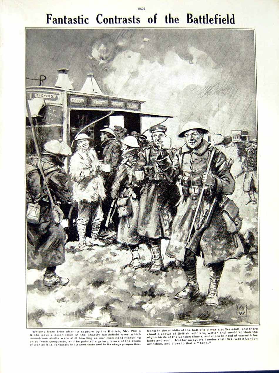 Old Vintage Print 1917 World War Ruins Church Bapaume Gibbs British Army 20th