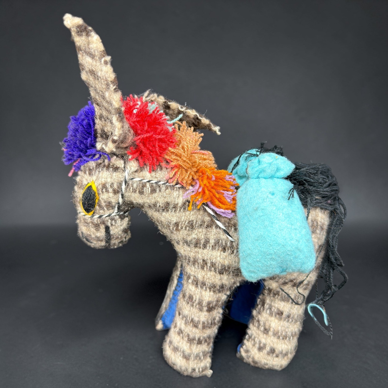 Vintage Mexican Folk Art Woven Wool Burro Donkey Figurine Colorful Yarn Pom Poms Vintage Mexican Folk Art Woven Wool Burro Donkey Figurine Colorful Yarn Pom Poms