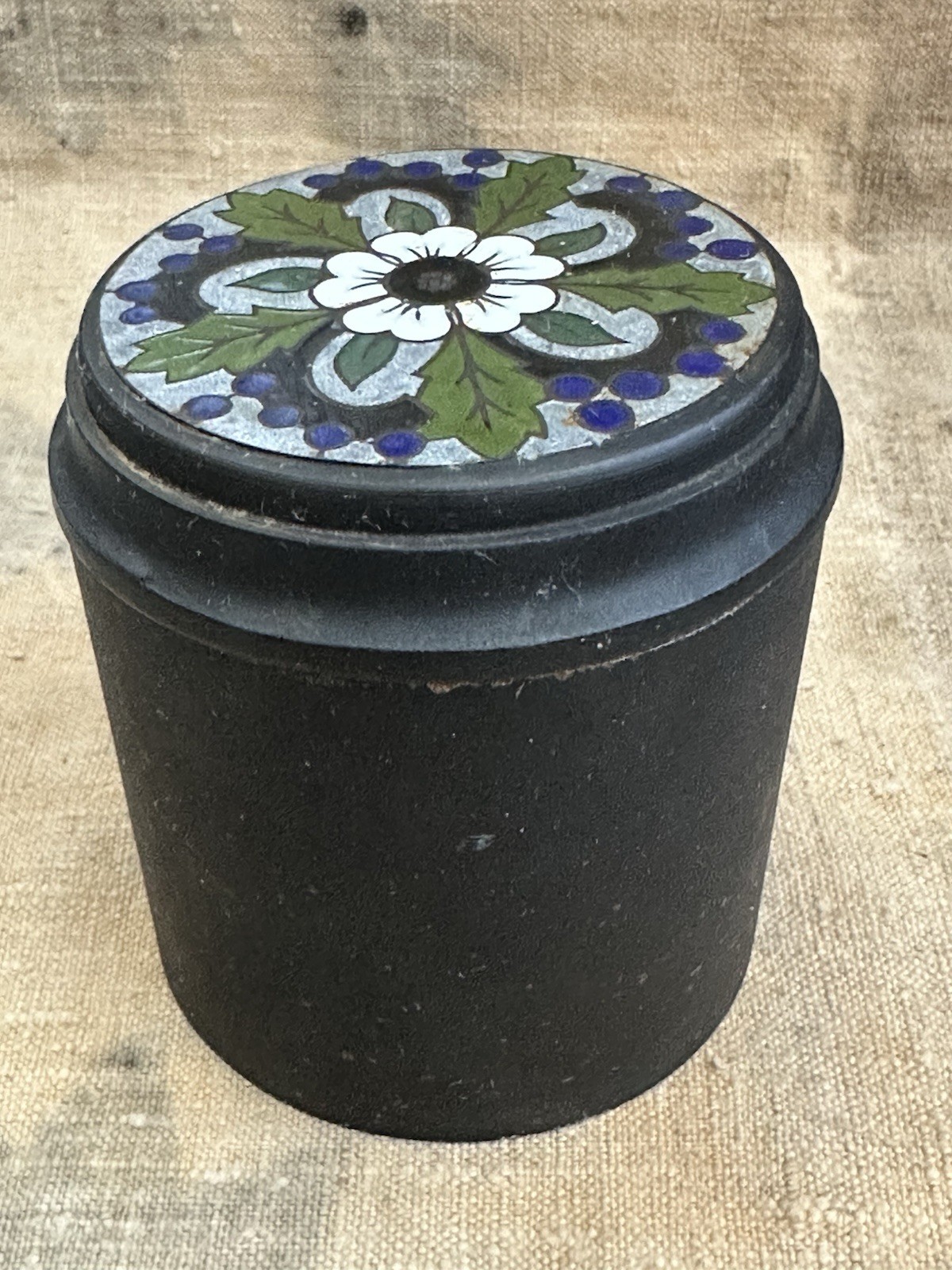 Vintage Bronze Lidded Jar Floral Enamel Black Canister Trinket Box Tobacco Jar