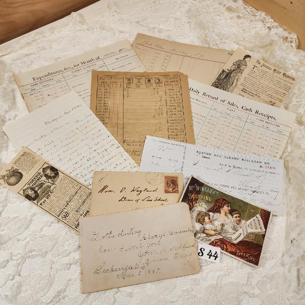 1800s antique paper ephemera lot book pages invitation clippings 11 pieces S44