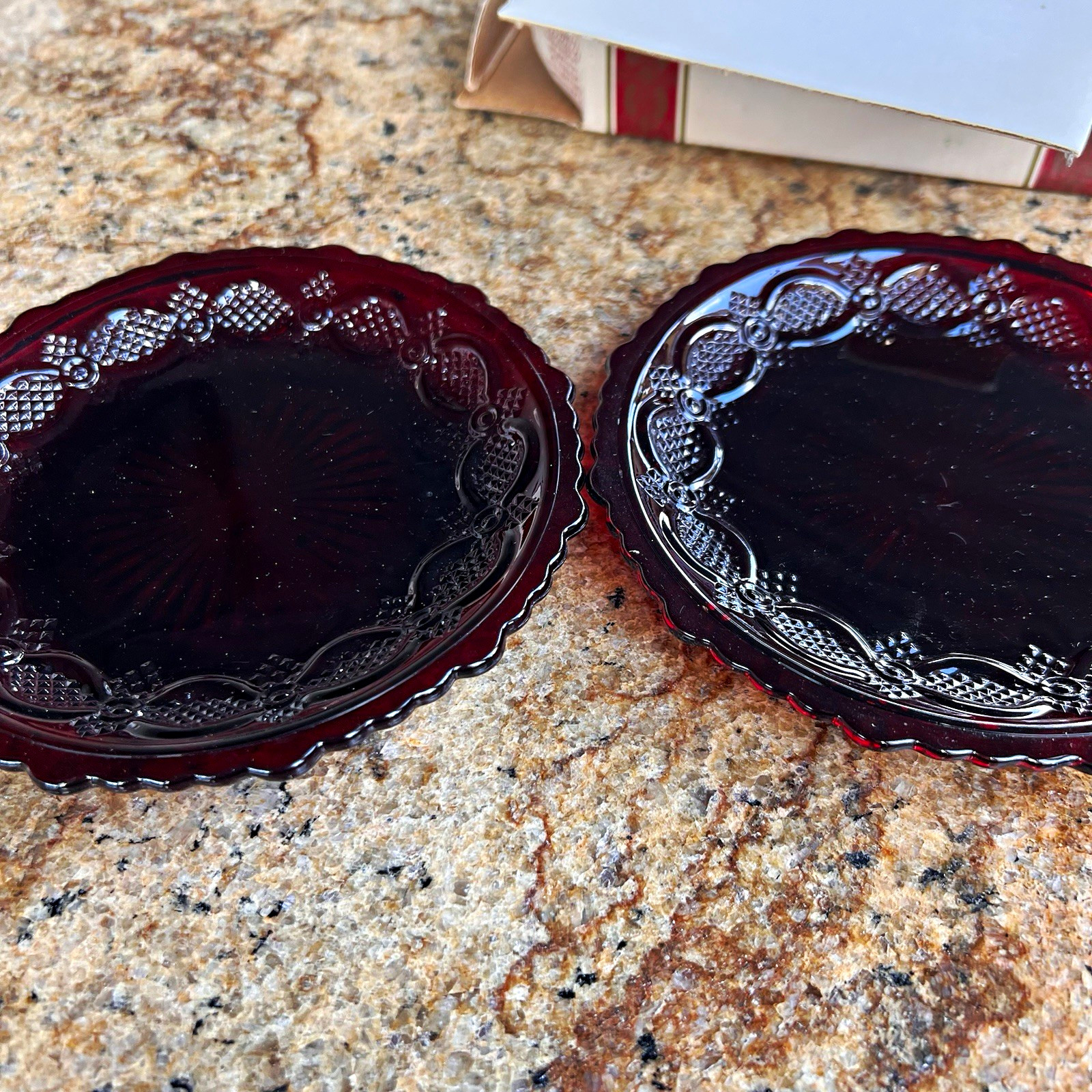 Vintage Avon 1876 Cape Cod Ruby Red Glass Bread and Butter Dish Set of 2 NIB