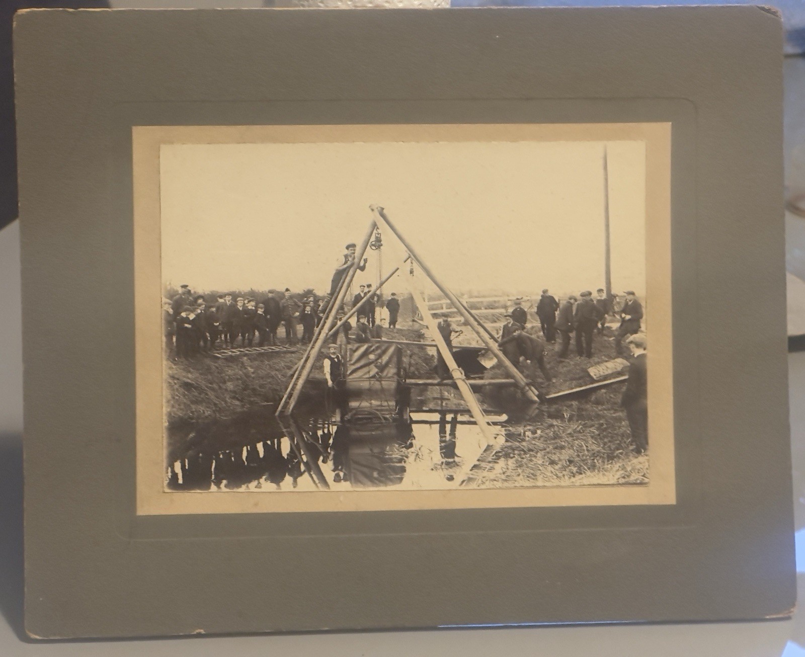 Antique Mounted Photograph Early Motor Car Accident River Recovery Crowd Antique Mounted Photograph Early Motor Car Accident River Recovery Crowd