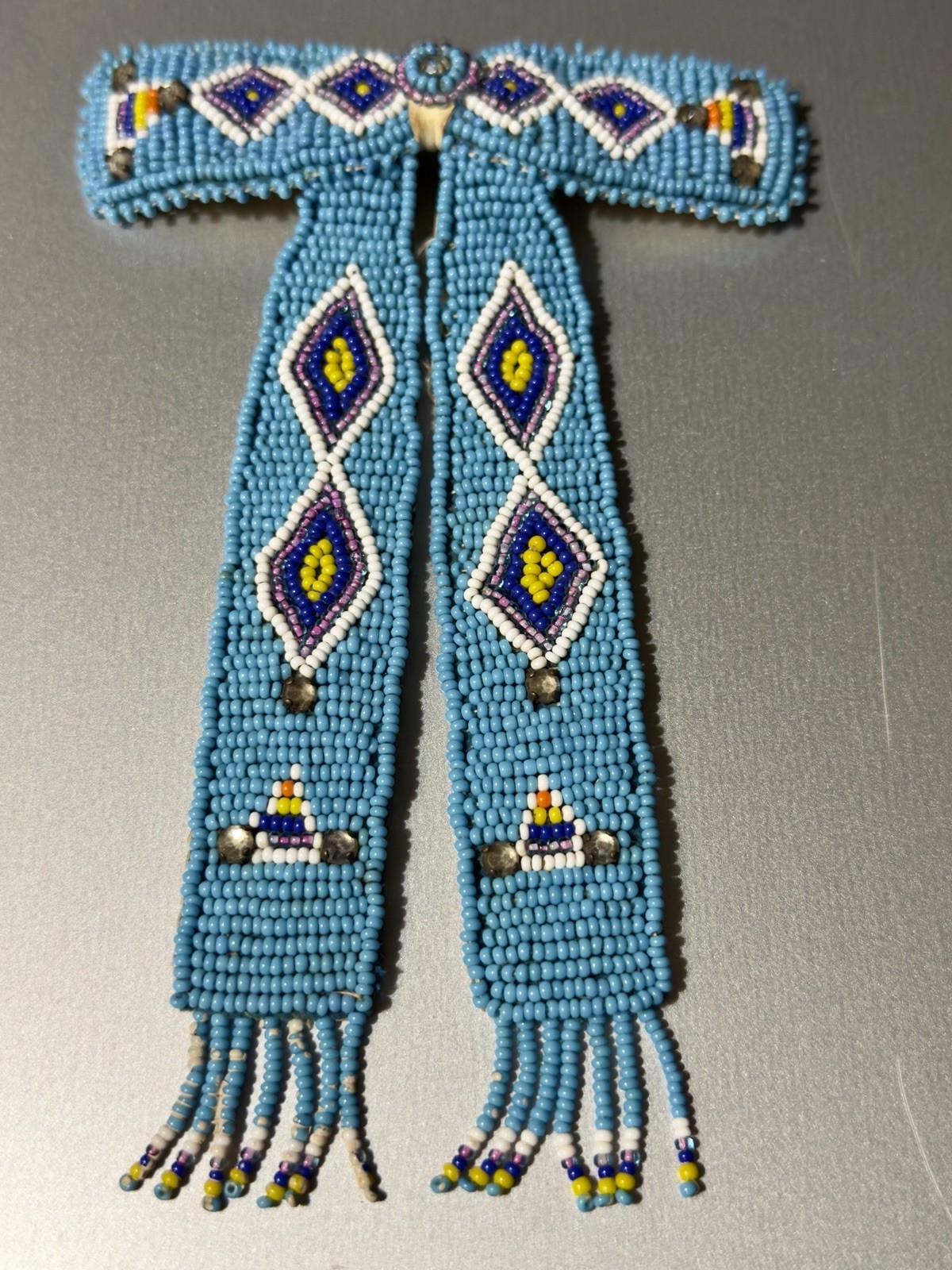 Vintage Native American Folk Art Seed Bead & Leather Beaded Bow Tie Rare