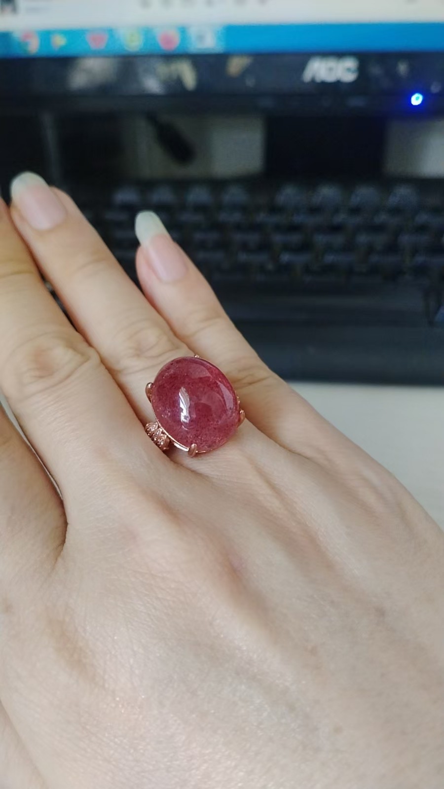 Natural Red Strawberry Quartz Crystal Gemstone Adjustable Ring AAAA
