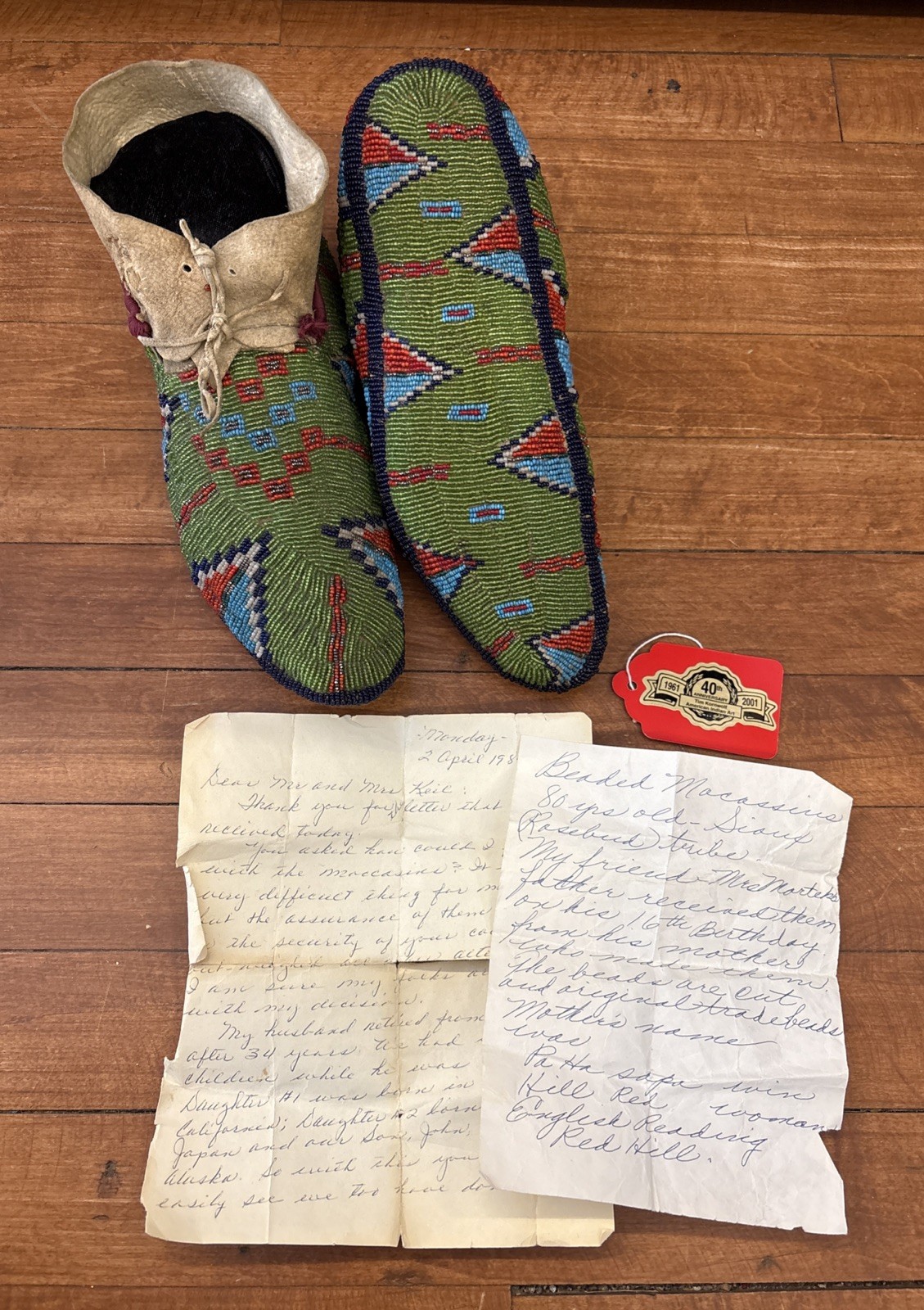 Antique Native American Fully Beaded Sioux Moccasins w/Provenance Letters/Tag