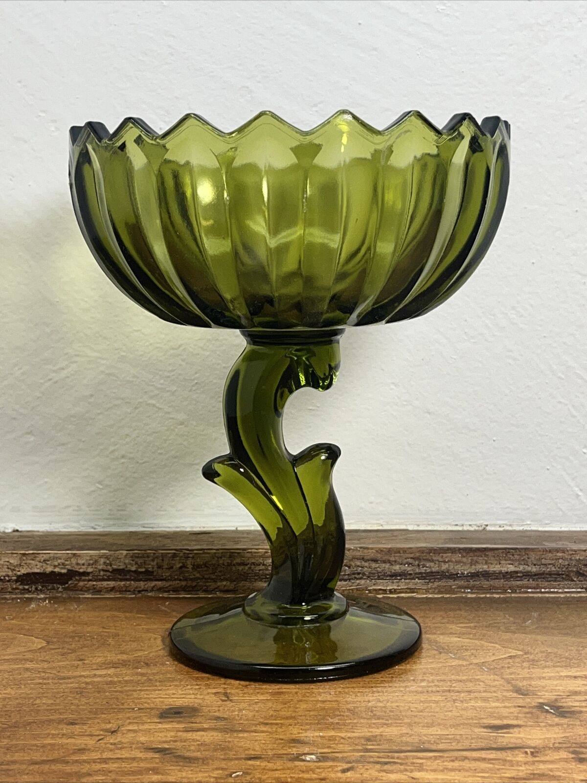 Indiana Glass Lotus Bloom Green Avocado Footed Compote Candy Dish/Bowl 