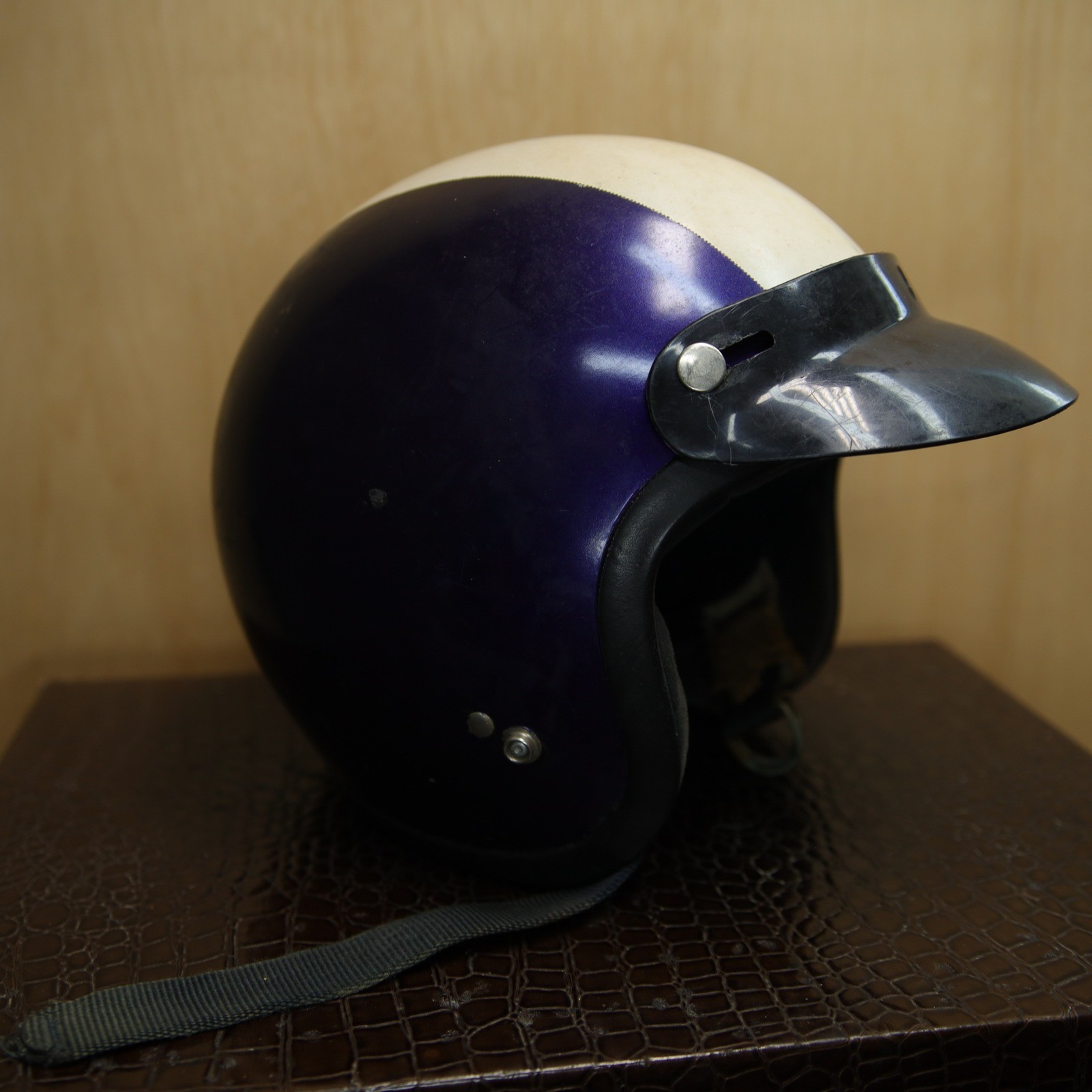 Vintage Open Face Motorcycle Helmet Purple Cream Snell Approved Retro Display Vintage Open Face Motorcycle Helmet Purple Cream Snell Approved Retro Display