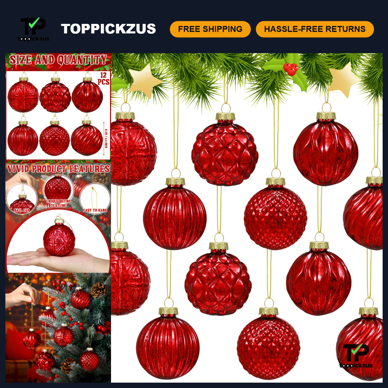12 Pcs Christmas Red Glass Ball Ornaments - Holiday Tree Decorations, Festive De 12 Pcs Christmas Red Glass Ball Ornaments - Holiday Tree Decorations, Festive De