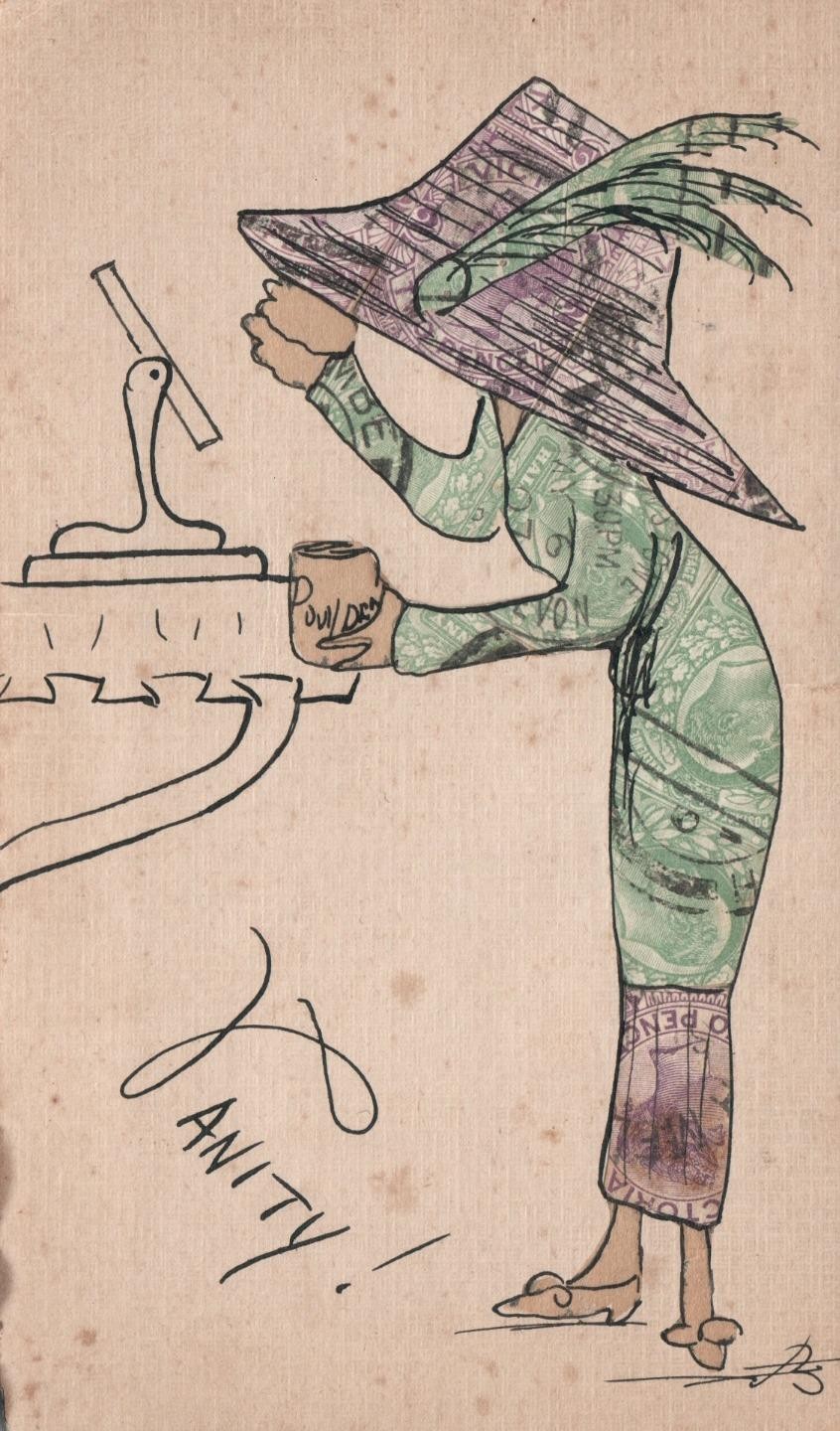 Antique Stamp Collage Postcard Vanity Lady Hand Drawn Ink Illustration Folk Art Antique Stamp Collage Postcard Vanity Lady Hand Drawn Ink Illustration Folk Art