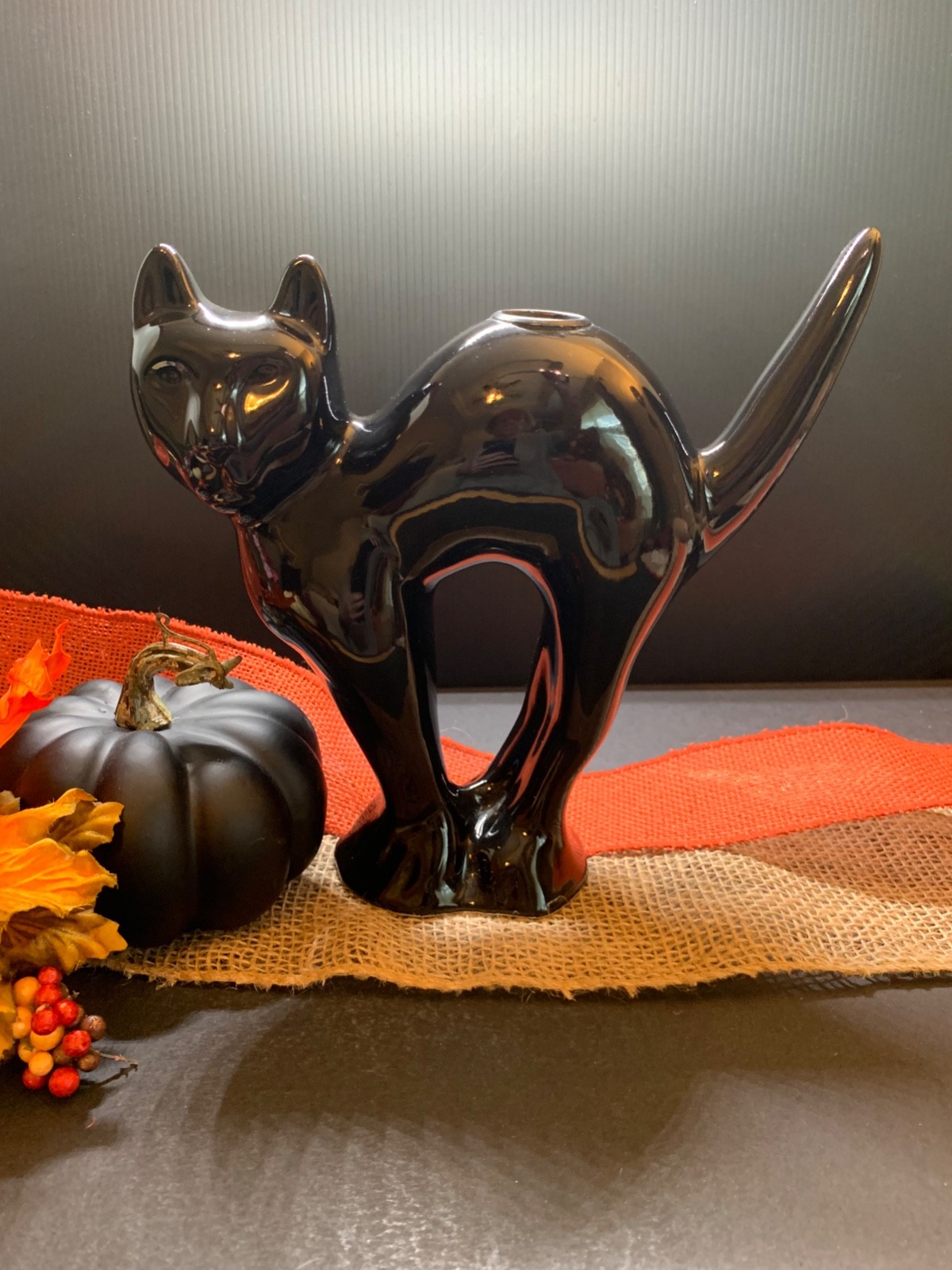 Vtg. McCoy Limited Ceramic Black Cat Candle Holder, Arched Back 8.5 Vtg. McCoy Limited Ceramic Black Cat Candle Holder, Arched Back 8.5