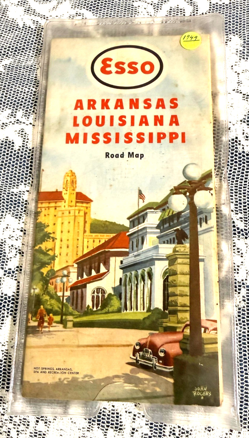 Rare Vintage 1949 Esso Arkansas Louisiana Mississippi Map Gas Station w/ Cover