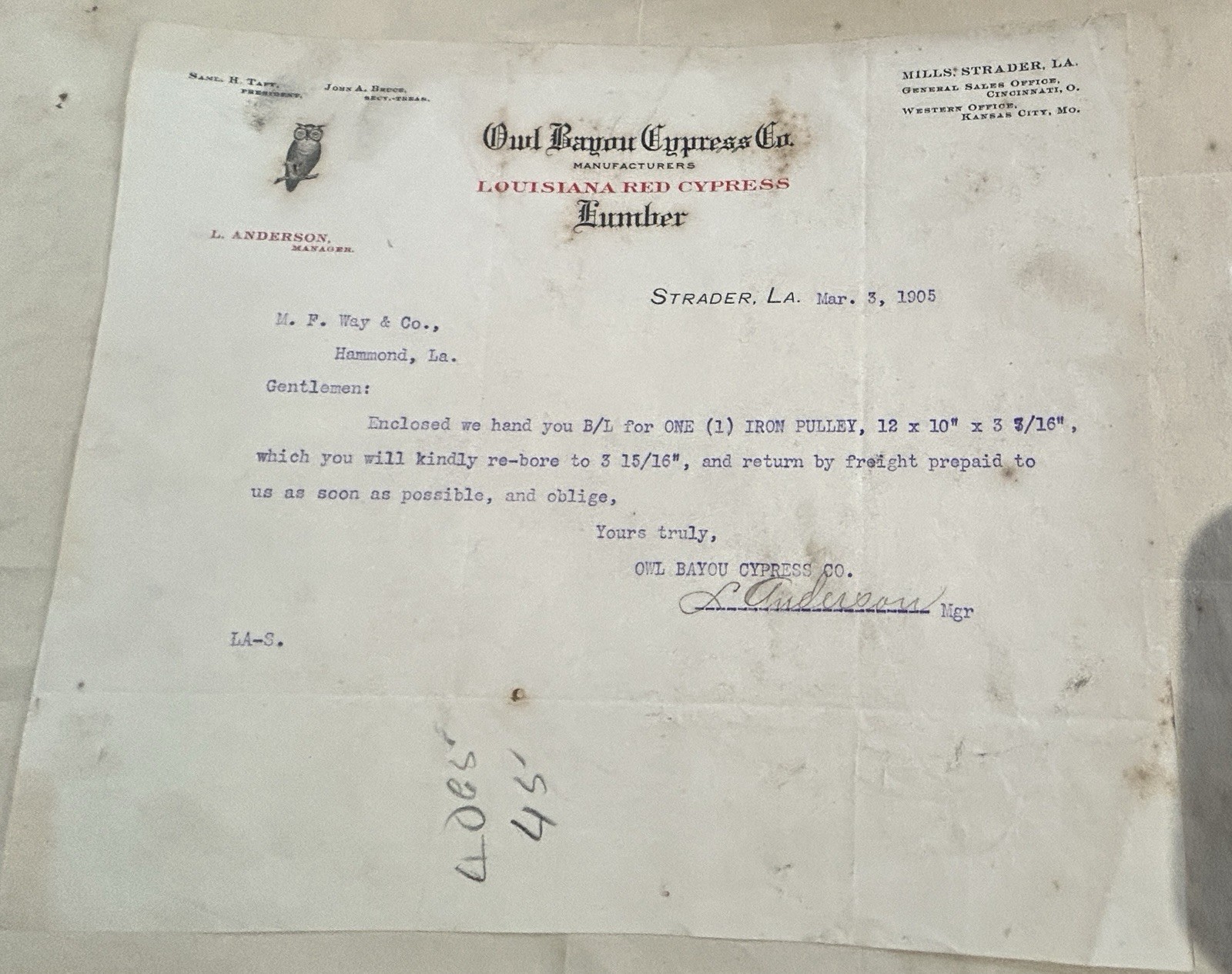 1905 Owl Bayou Cypress Co Strader Louisiana Red Cypress Lumber Letterhead