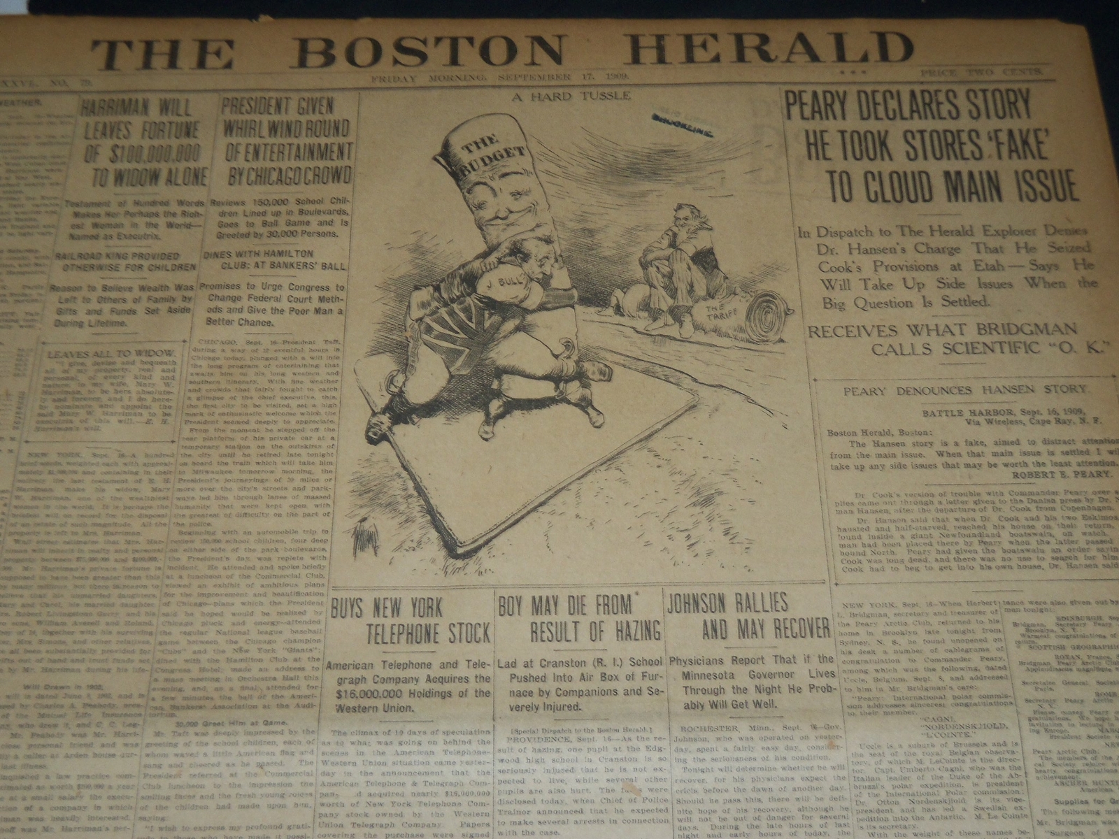 1909 SEPT 17 THE BOSTON HERALD - HARRIMAN LEAVES FORTUNE OF $100M - BH 196 1909 SEPT 17 THE BOSTON HERALD - HARRIMAN LEAVES FORTUNE OF $100M - BH 196