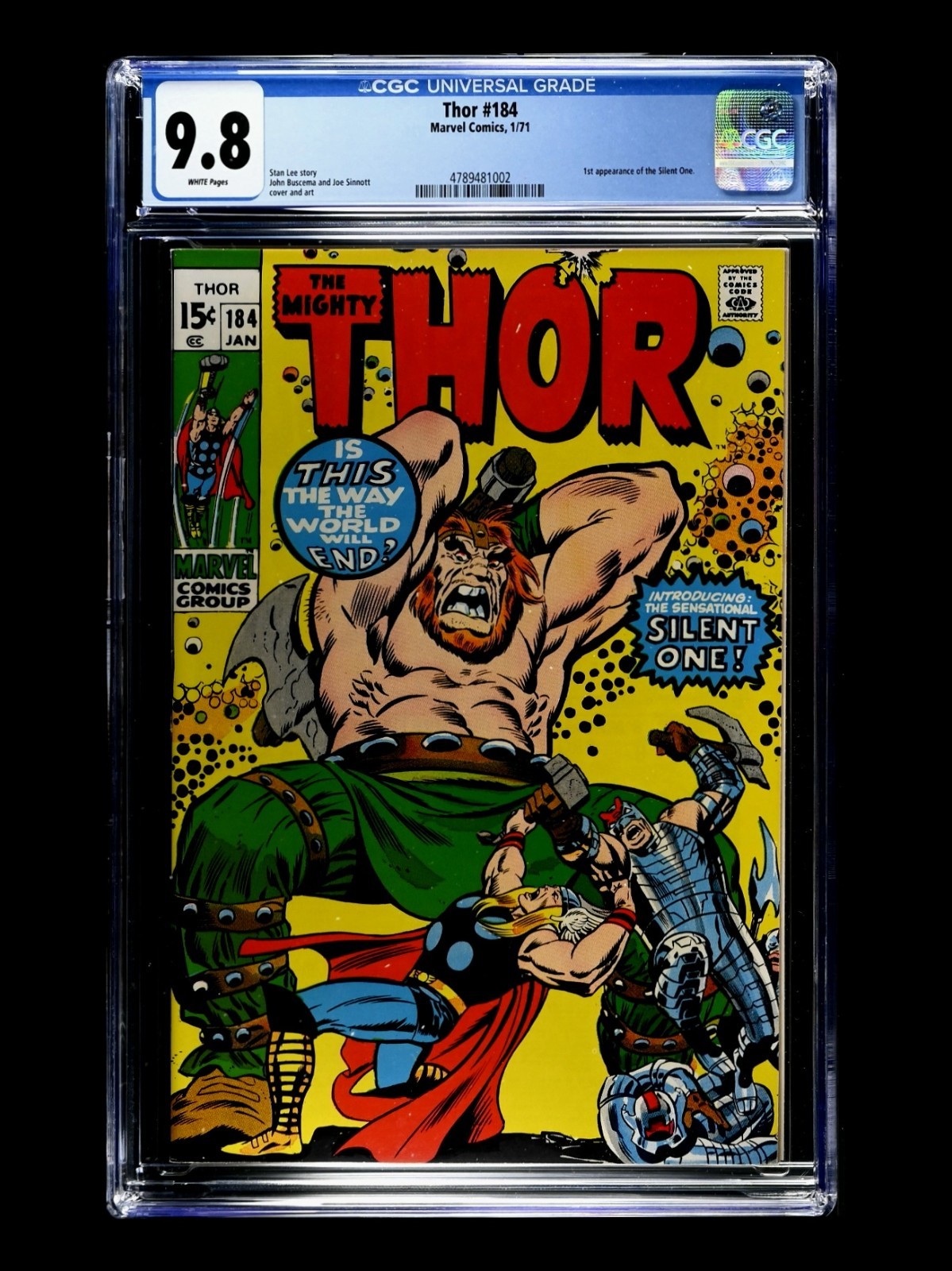 Thor #184 Marvel 1971 CGC 9.8 WP / 1st App of the Silent One / Rare Only 7 9.8\'s Thor #184 Marvel 1971 CGC 9.8 WP / 1st App of the Silent One / Rare Only 7 9.8\'s