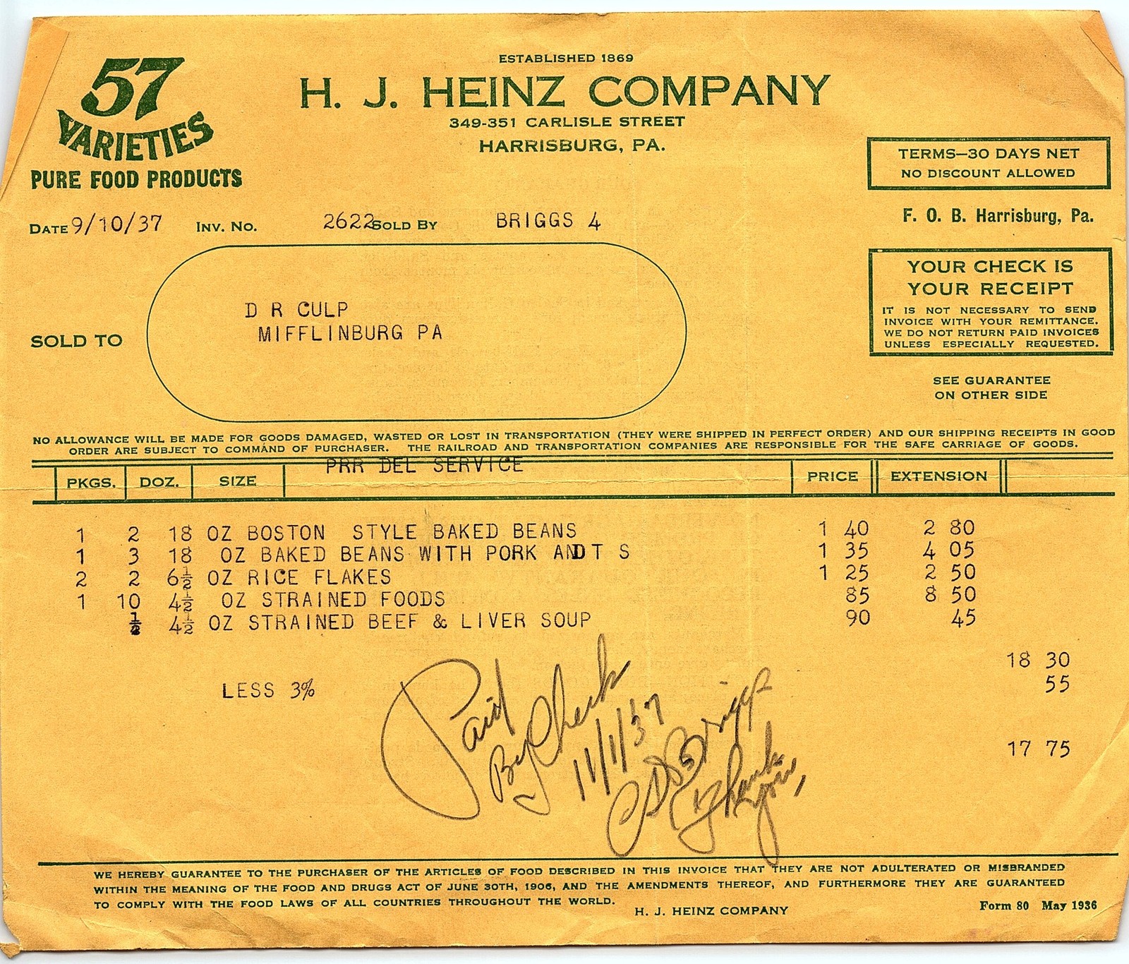 1937 H.J. Heinz Co. 57 Varieties food invoice, guarantee bac 1937 H.J. Heinz Co. 57 Varieties food invoice, guarantee bac