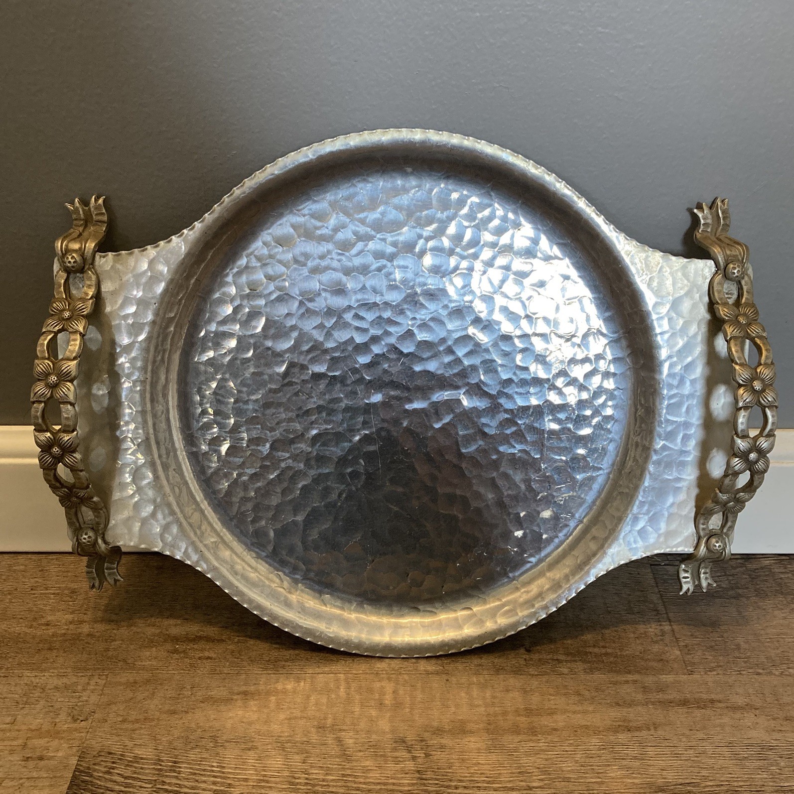 Vintage Rodney Kent Hand Wrought Aluminum Tray Floral Handles Hammer Design #443
