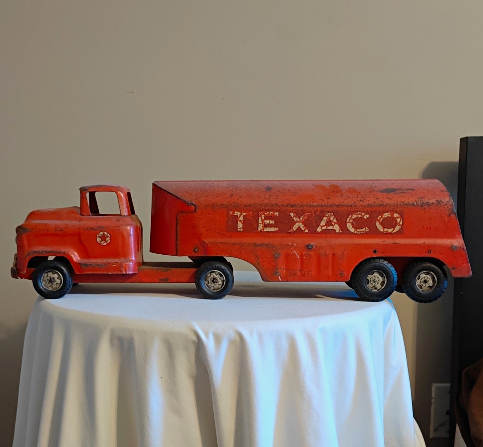 Texaco Vintage Red Pressed Steel Toy Semi Truck & Trailer, Gas & Oil Theme