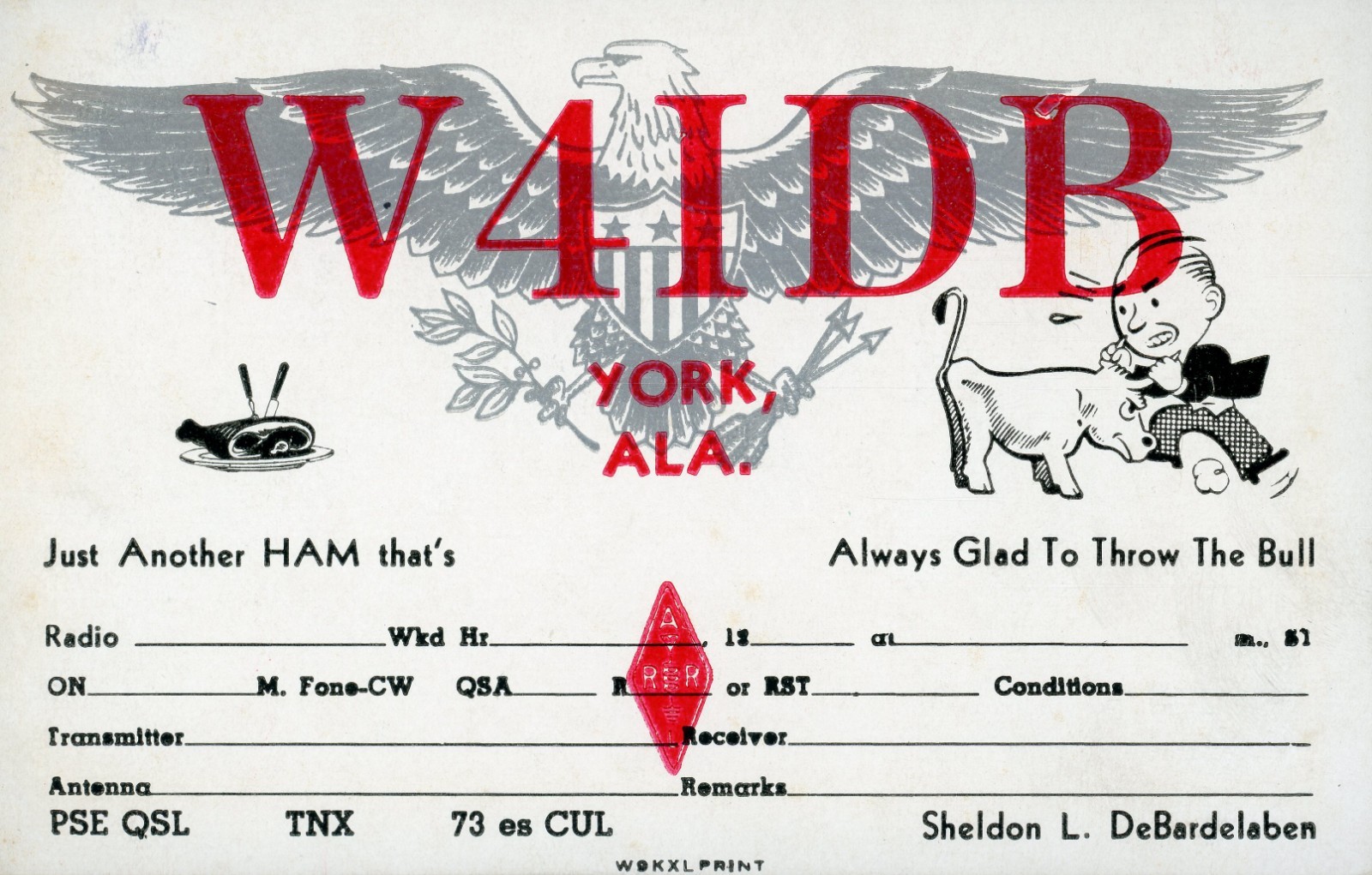 Vintage Amateur Radio QSL Printer\'s Sample, 1940\'s, W4IDB, York, AL Vintage Amateur Radio QSL Printer\'s Sample, 1940\'s, W4IDB, York, AL